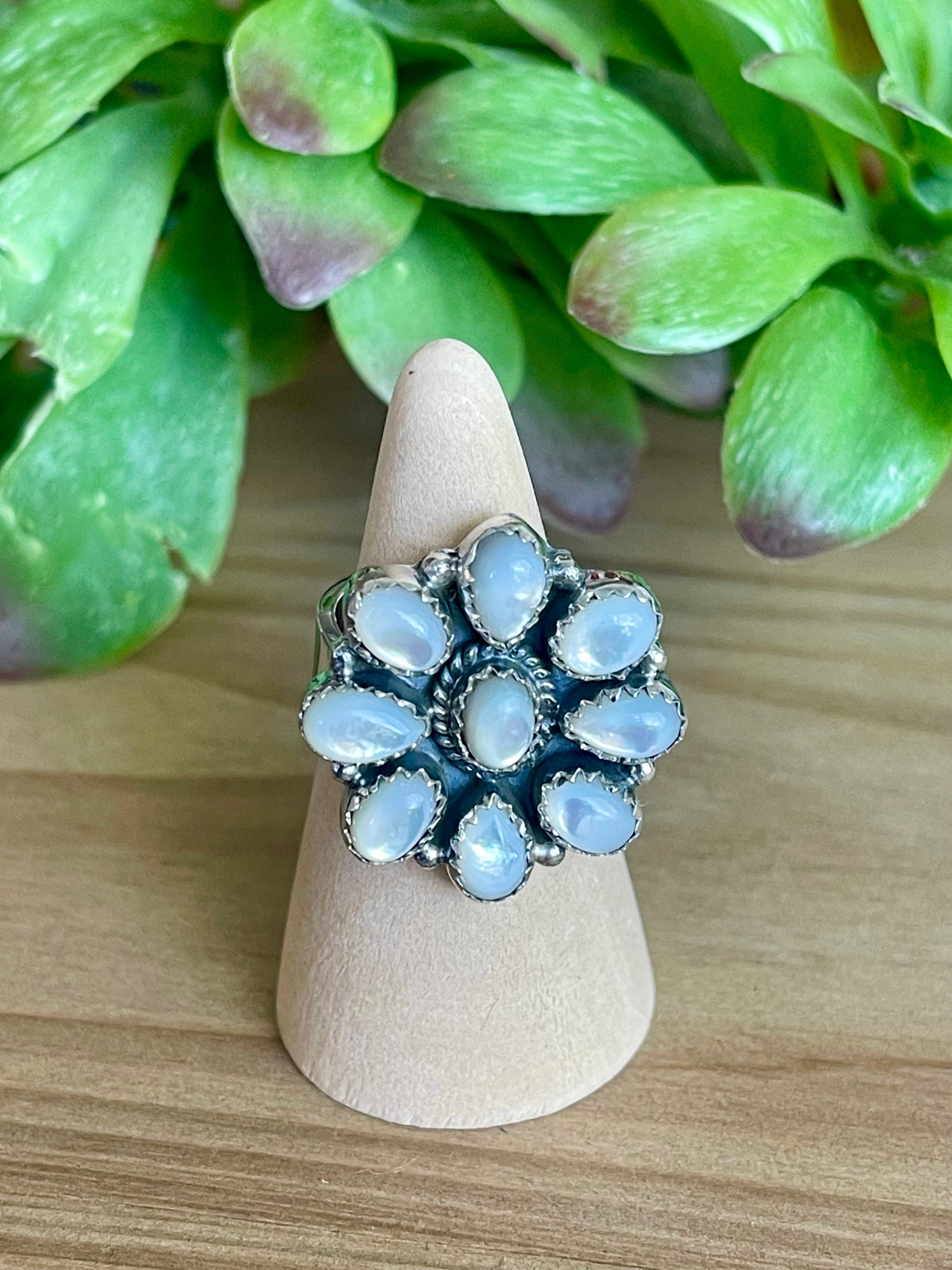 Southwest Handmade Mother of Pearl & Sterling Silver Adjustable Cluster Flower Ring