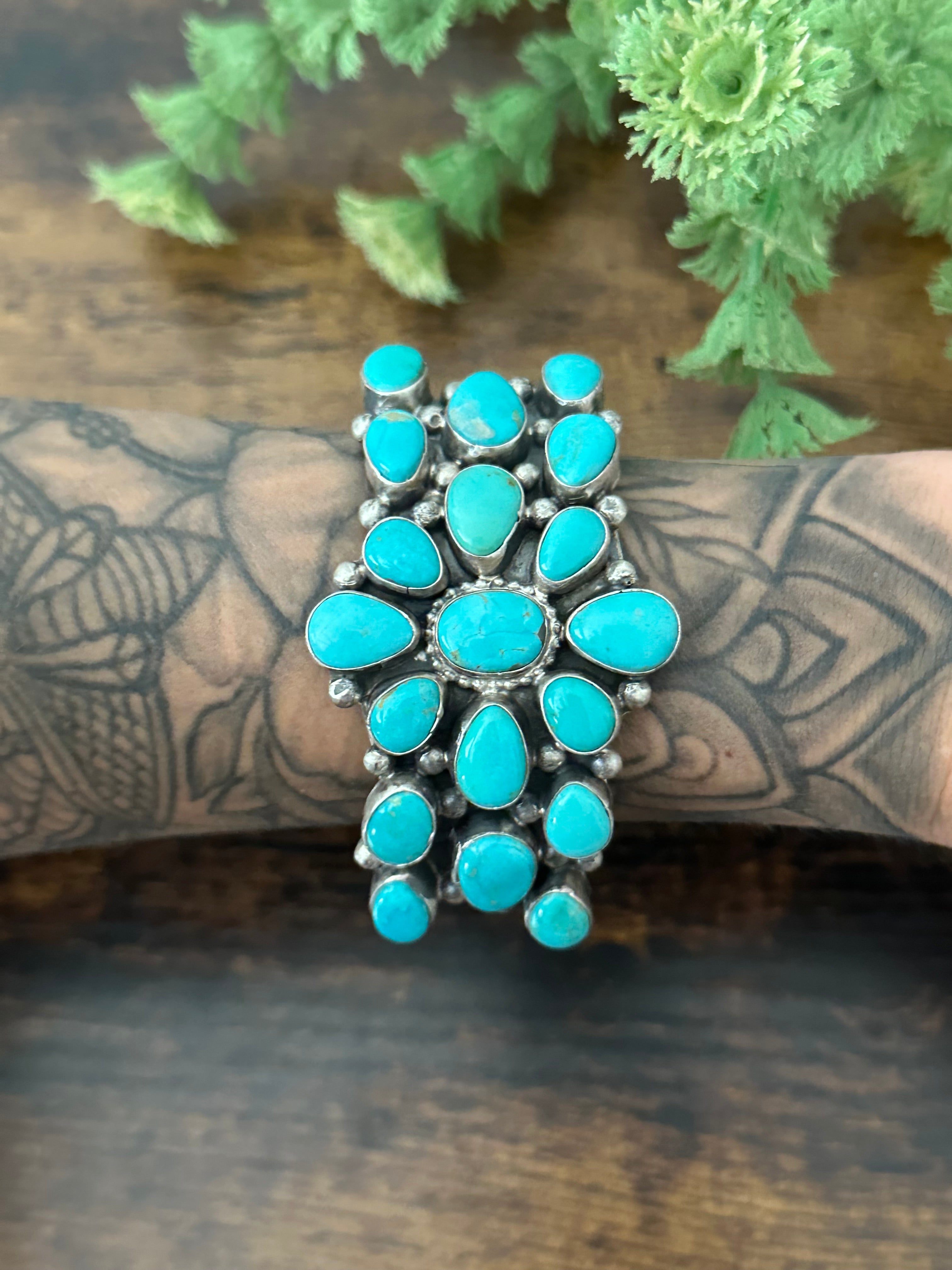 Bobby Johnson Kingman Turquoise & Sterling Silver Cluster Cuff Bracelet