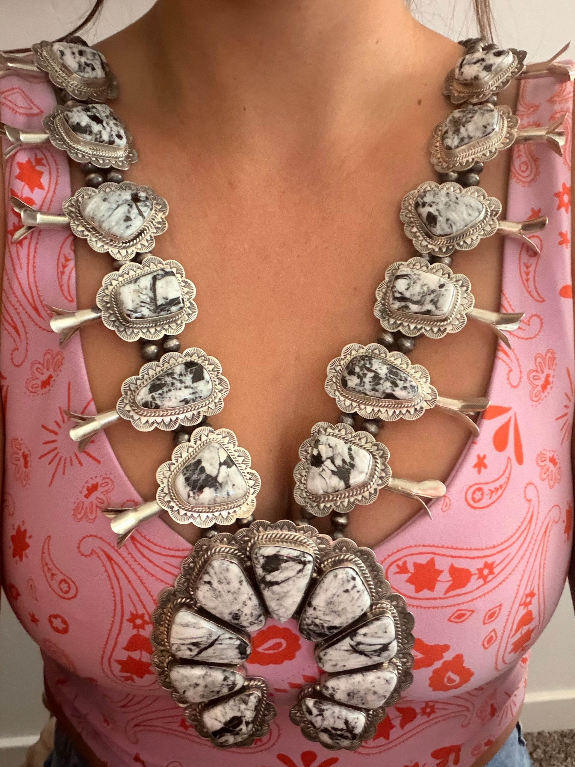 Kee Johnson White Buffalo & Sterling Silver Squash Blossom Necklace Set