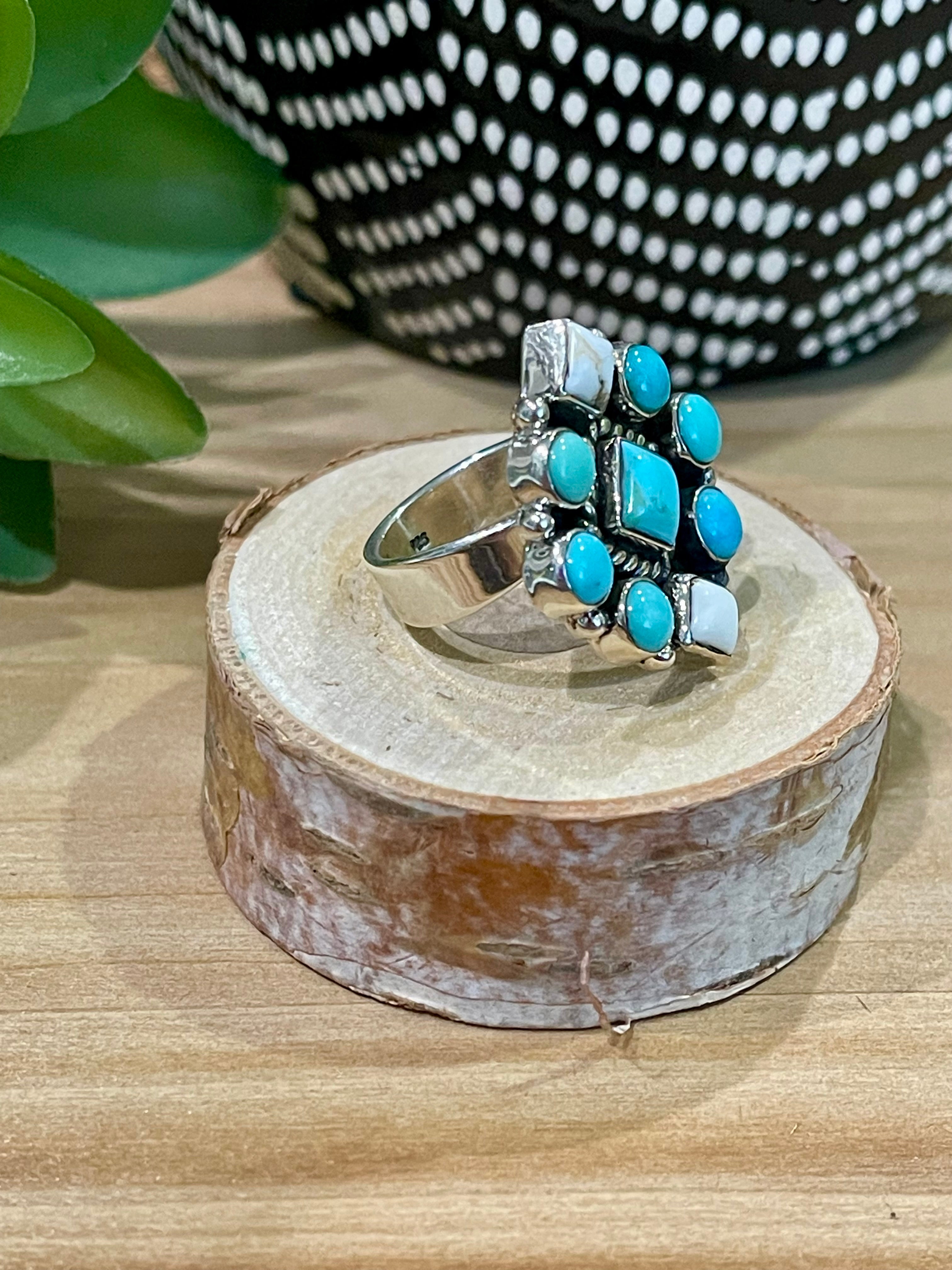 Southwest Handmade Multi Stone & Sterling Silver Adjustable Cluster Ring