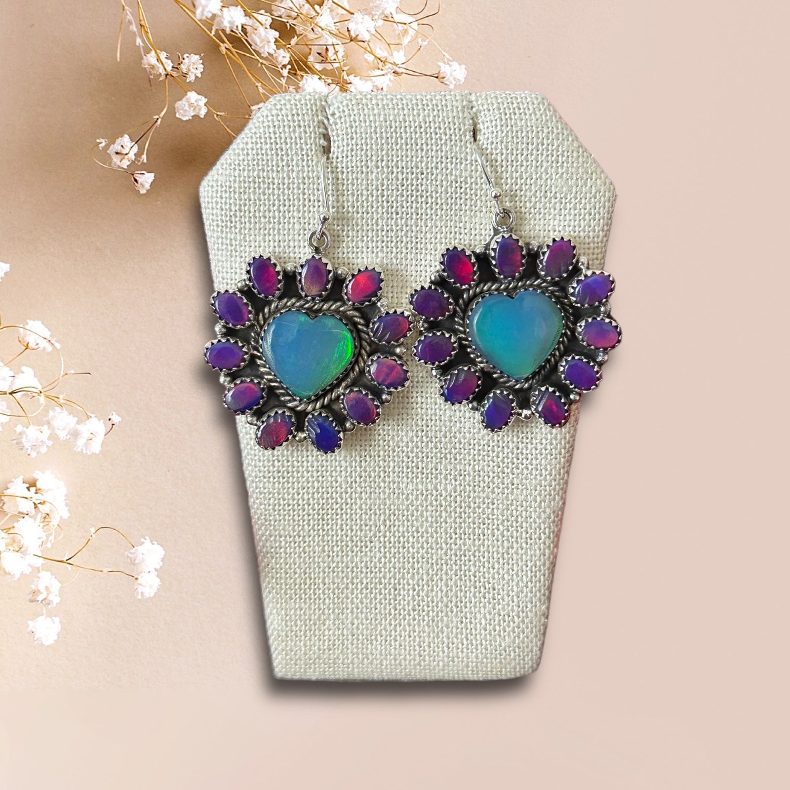 Southwest Handmade Opal & Sterling Silver Dangle Cluster Heart Earrings