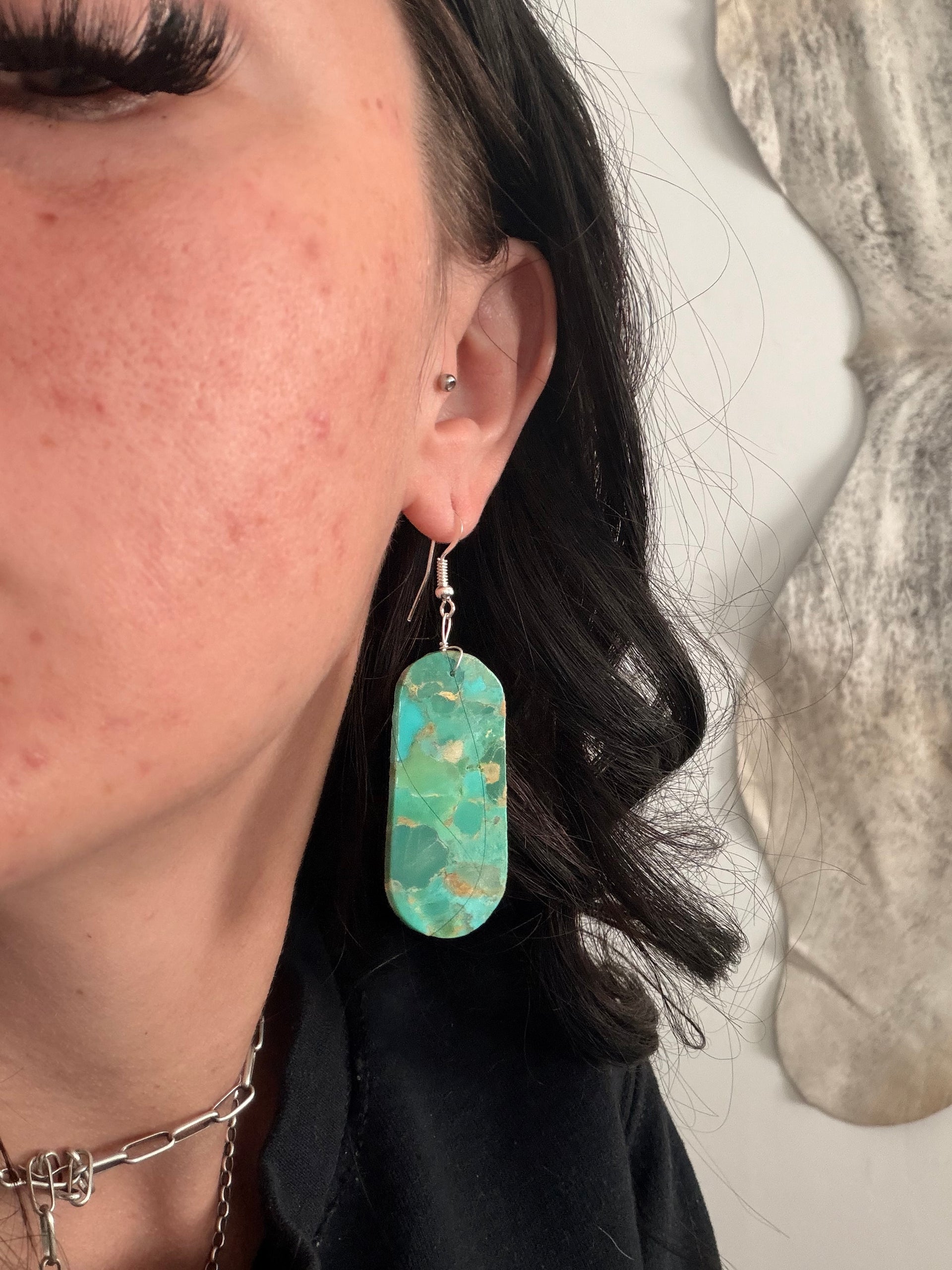 Navajo Made Mohave Turquoise & Sterling Silver Slab Dangle Earrings
