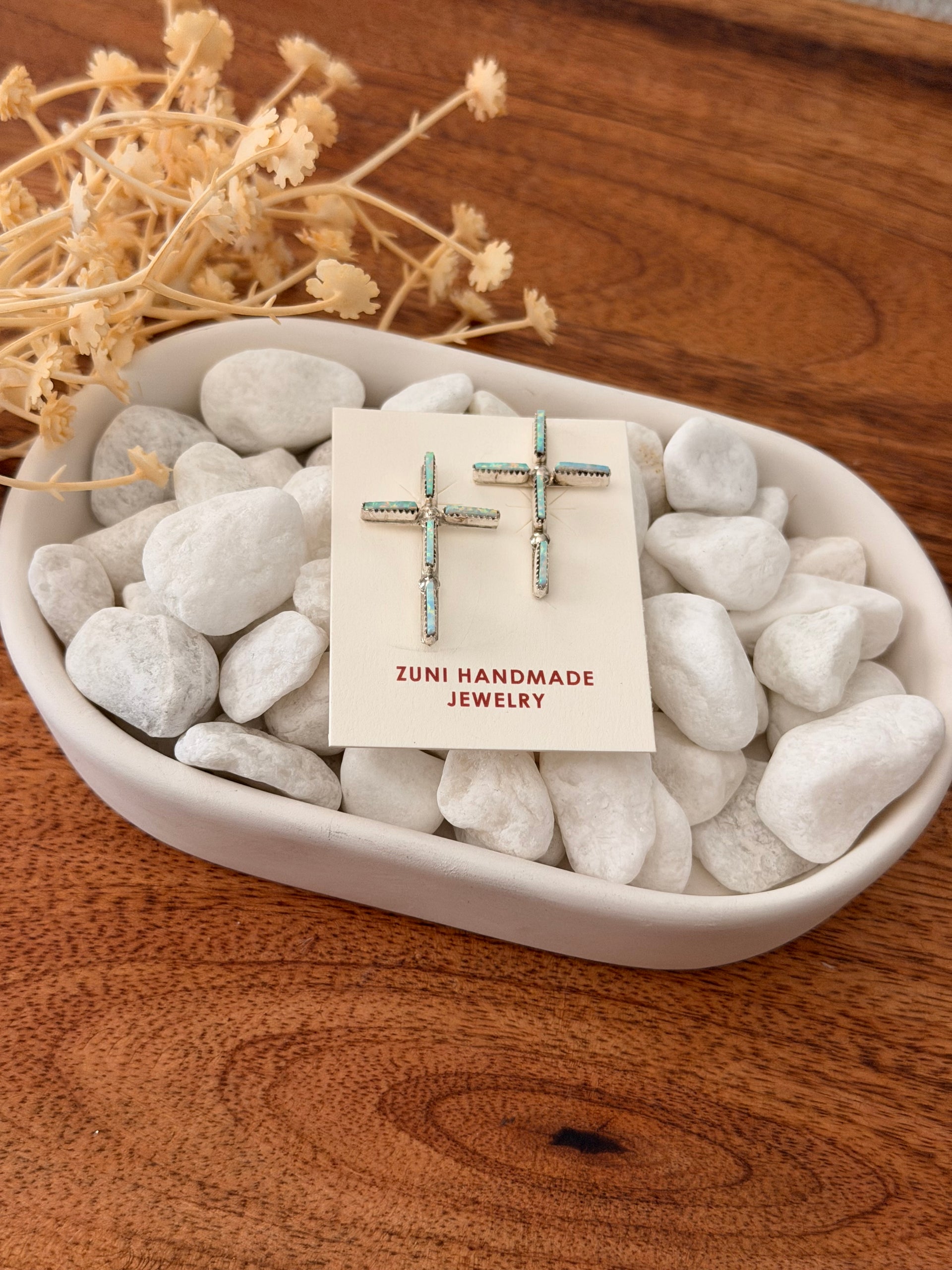 Zuni Made Opal (Man Made) & Sterling Silver Post Cross Earrings