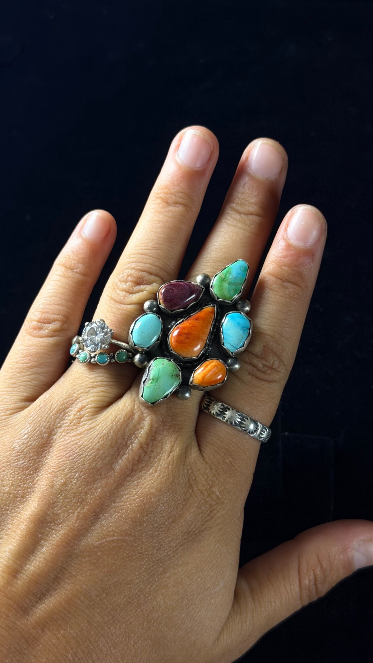 Navajo Made Multi Stone & Sterling Silver Cluster Ring Size 10.5