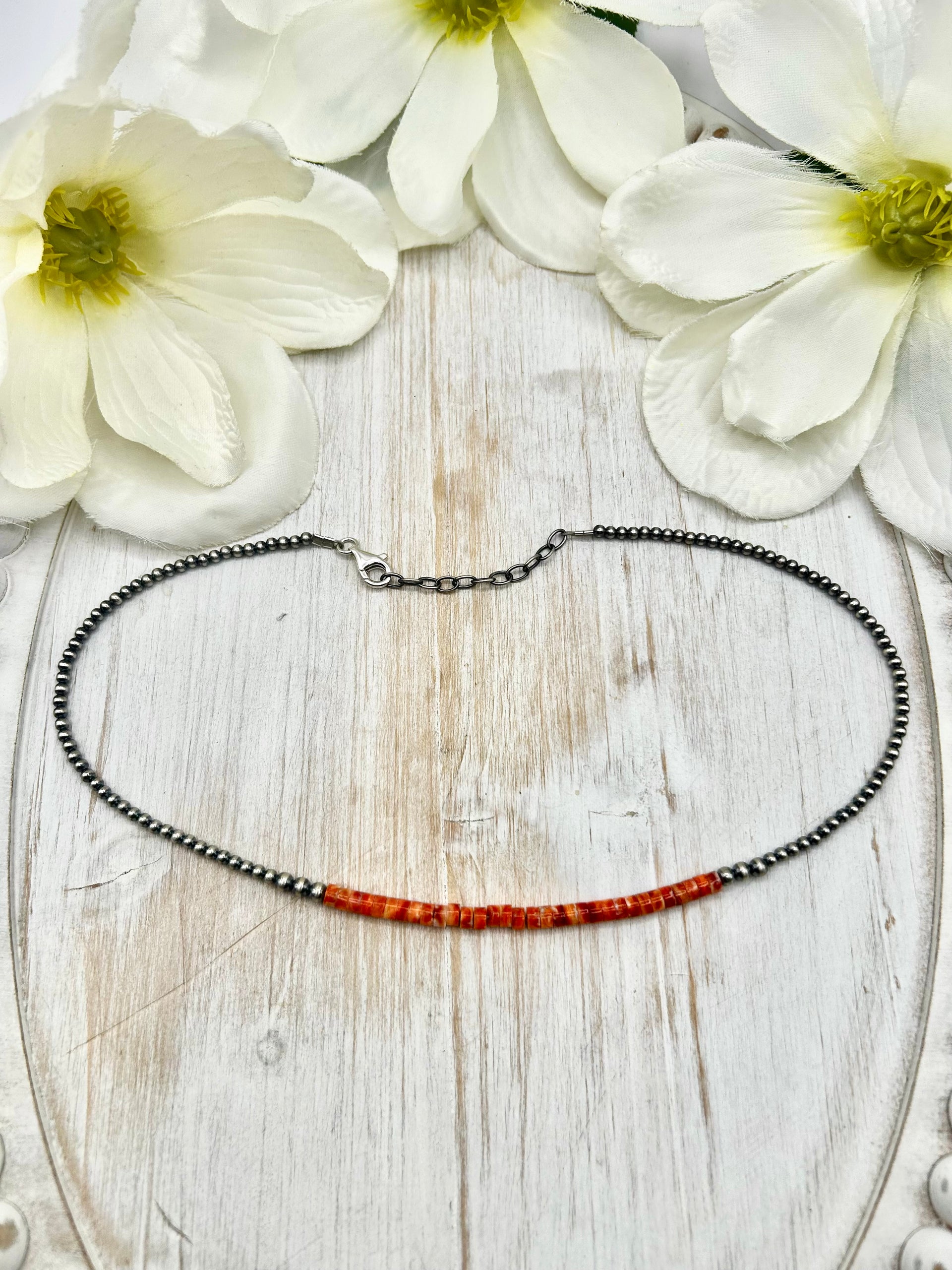 Navajo Made Strung Spiny Oyster & Sterling Silver Necklace