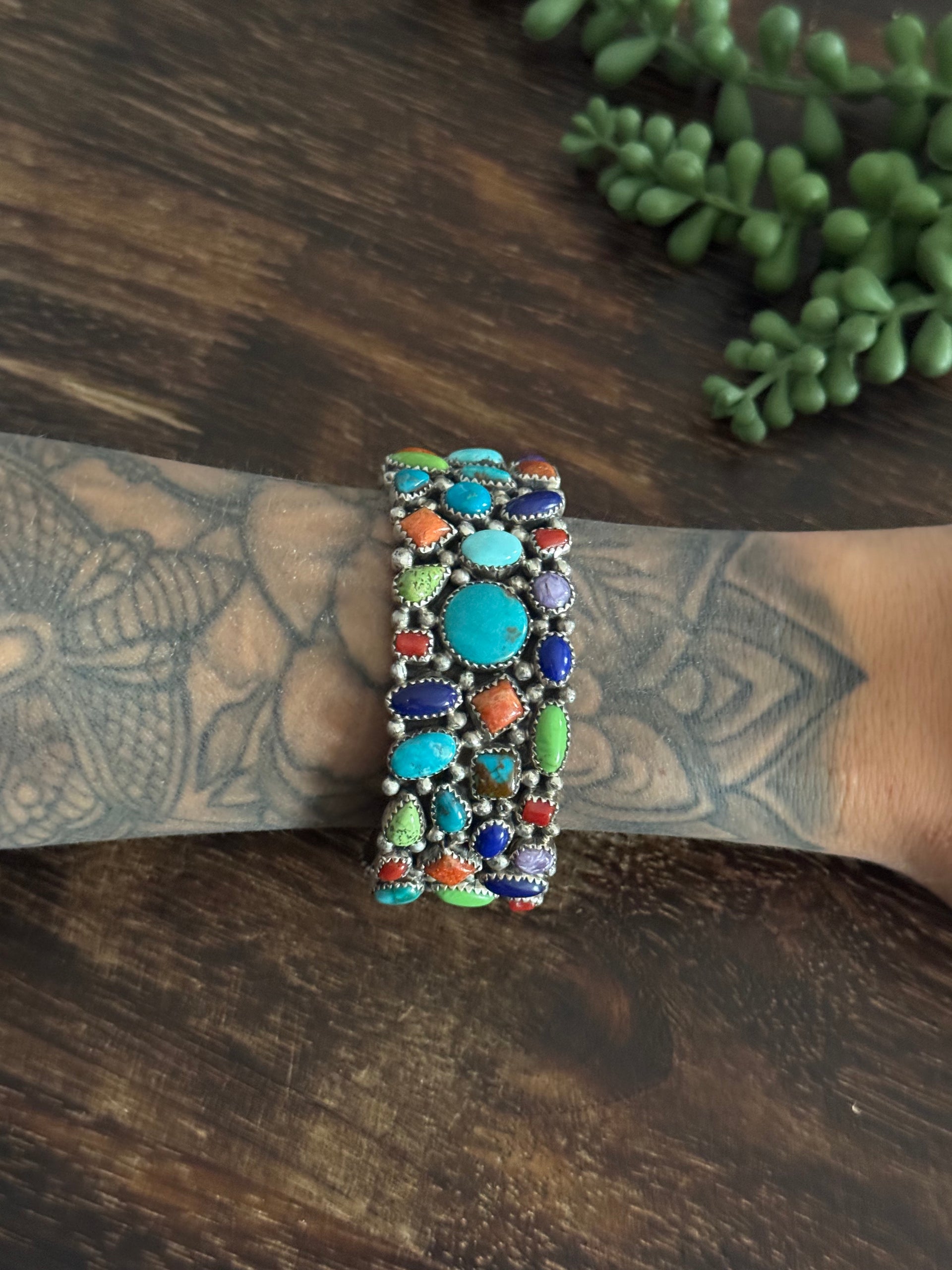 Vintage Navajo Made Multi Stone & Sterling Silver Cluster Cuff Bracelet