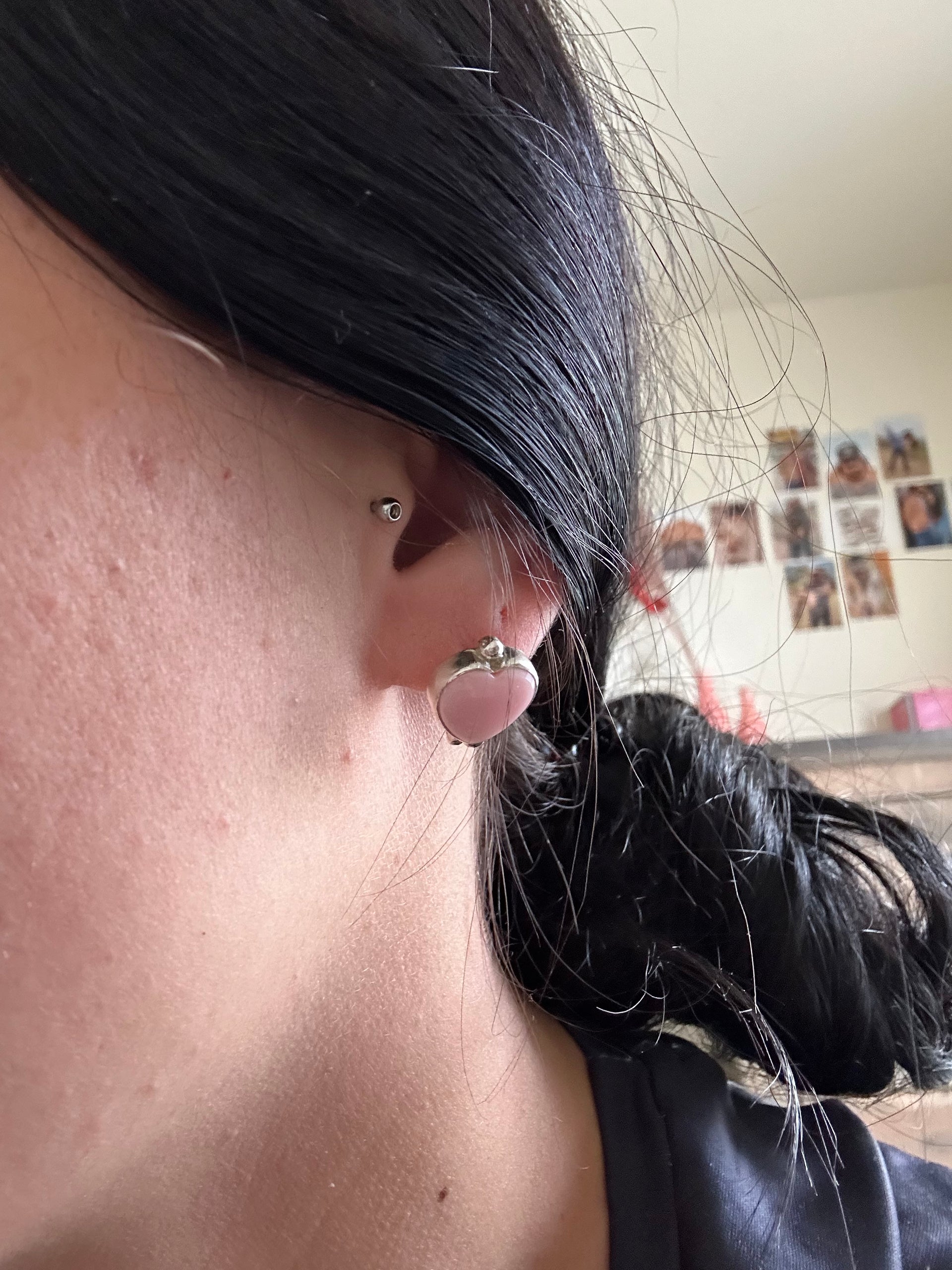 Navajo Made Pink Conch & Sterling Silver Post Heart Earrings