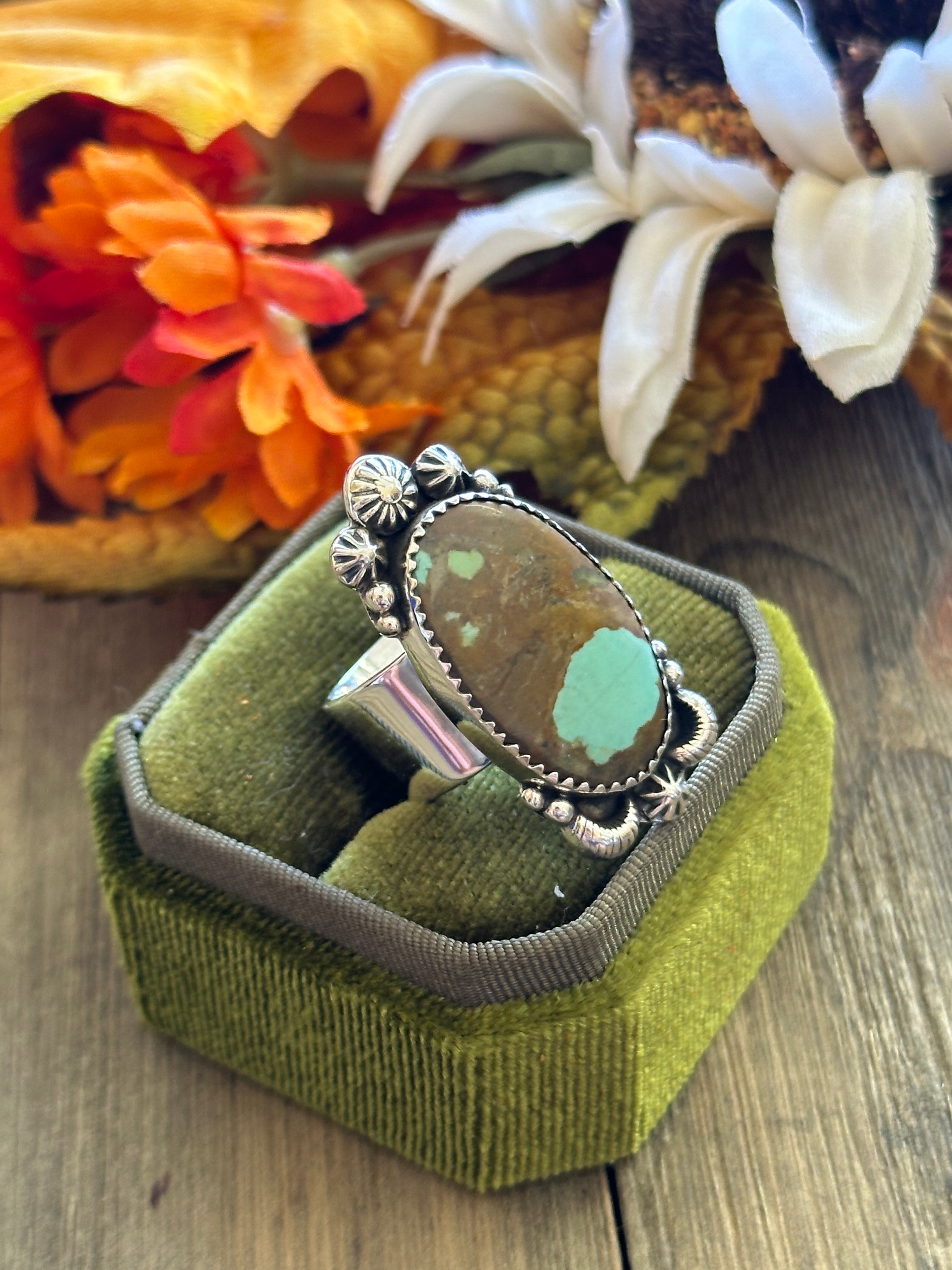 Southwest Handmade #8 Turquoise & Sterling Silver Adjustable Ring