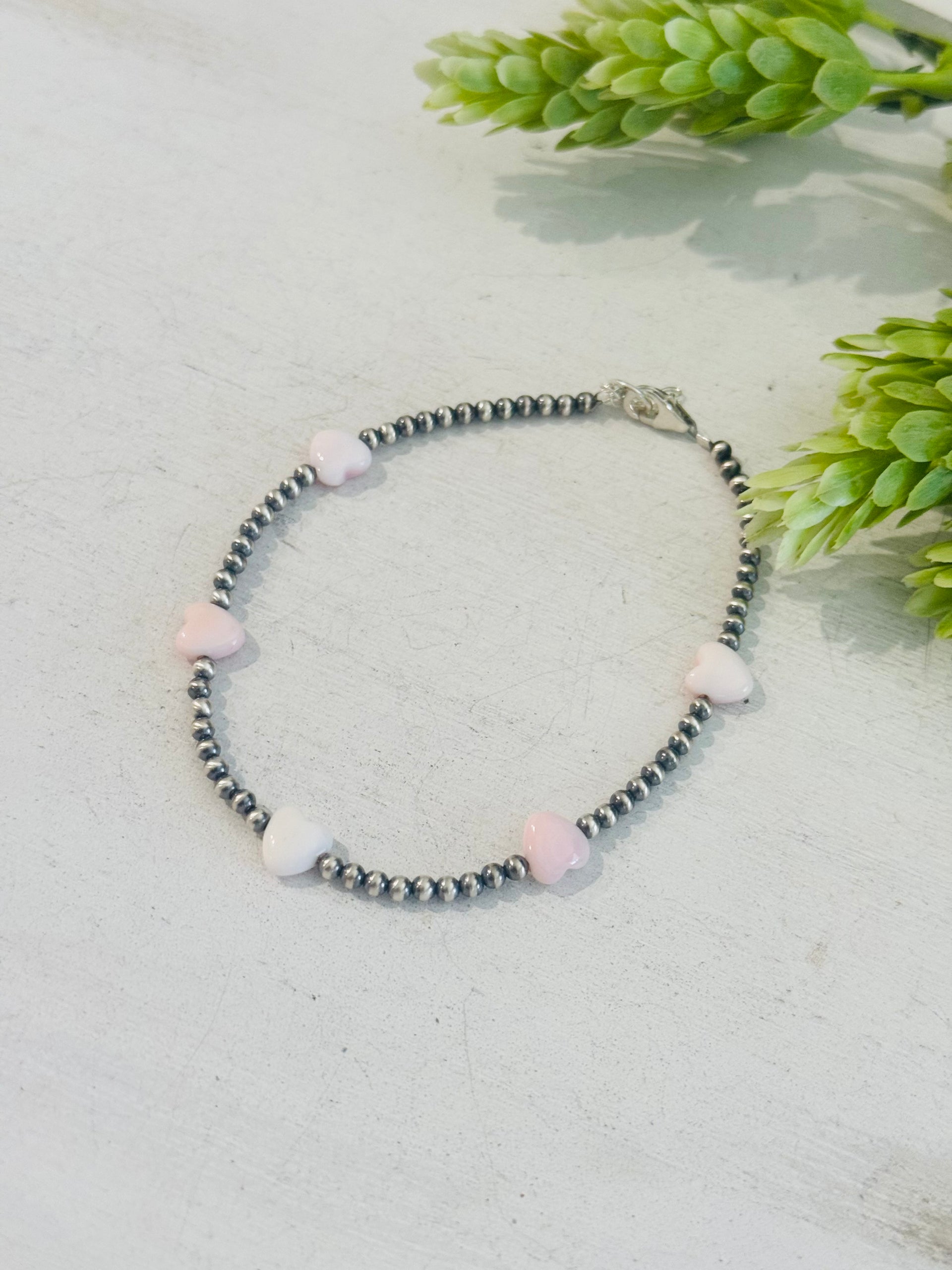 Southwest Strung Pink Conch & Sterling Silver Beaded Anklet