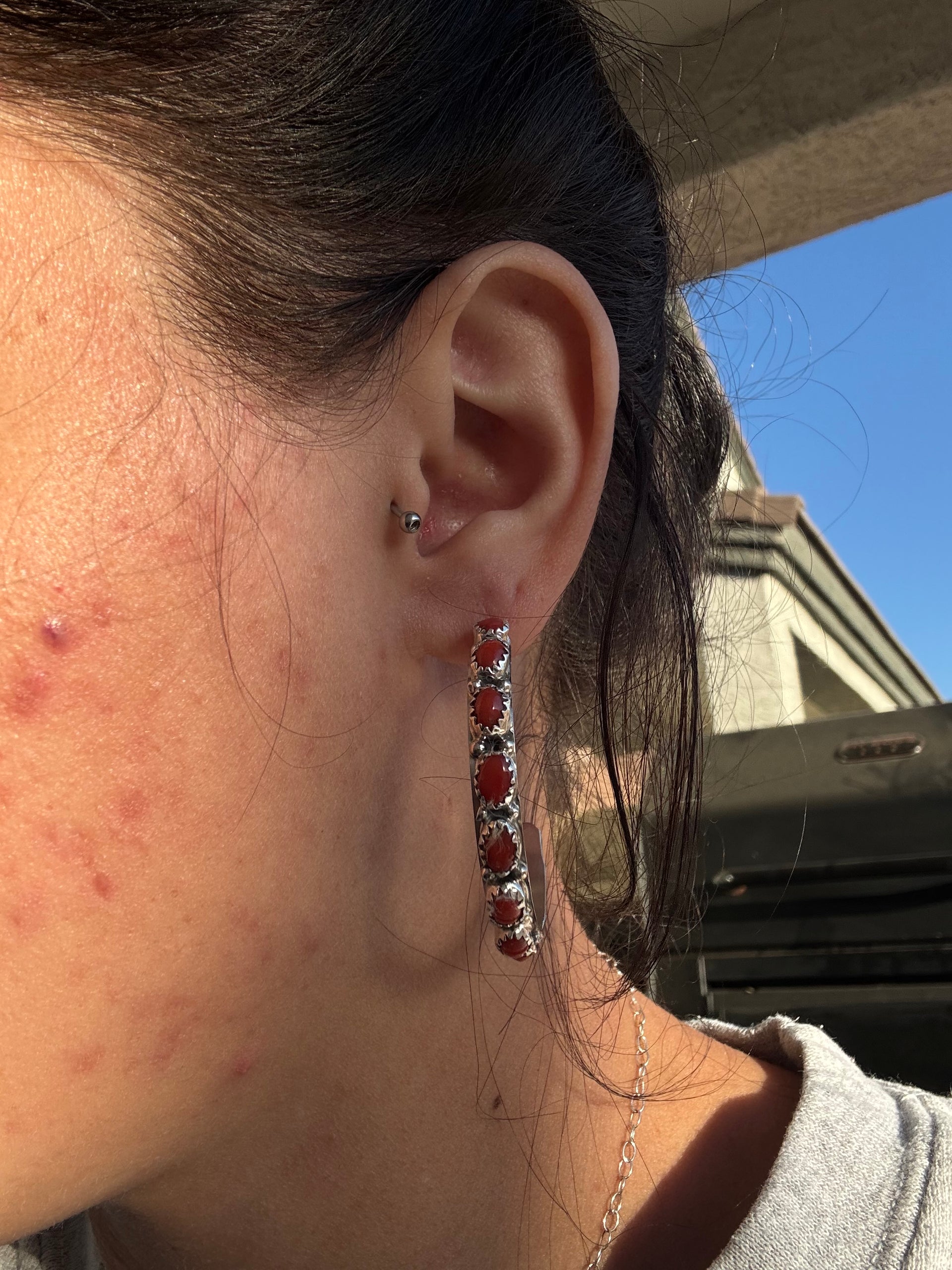 Navajo Made Coral & Sterling Silver Hoop Earrings