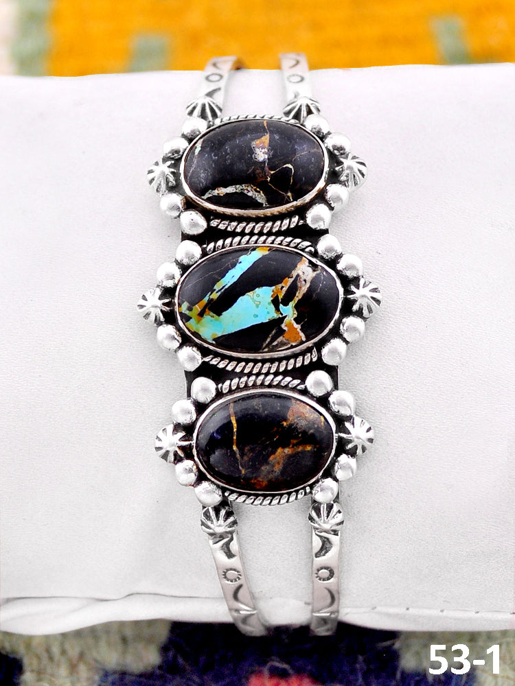 Southwest Handmade Black Jack Turquoise & Sterling Silver Cuff Bracelet