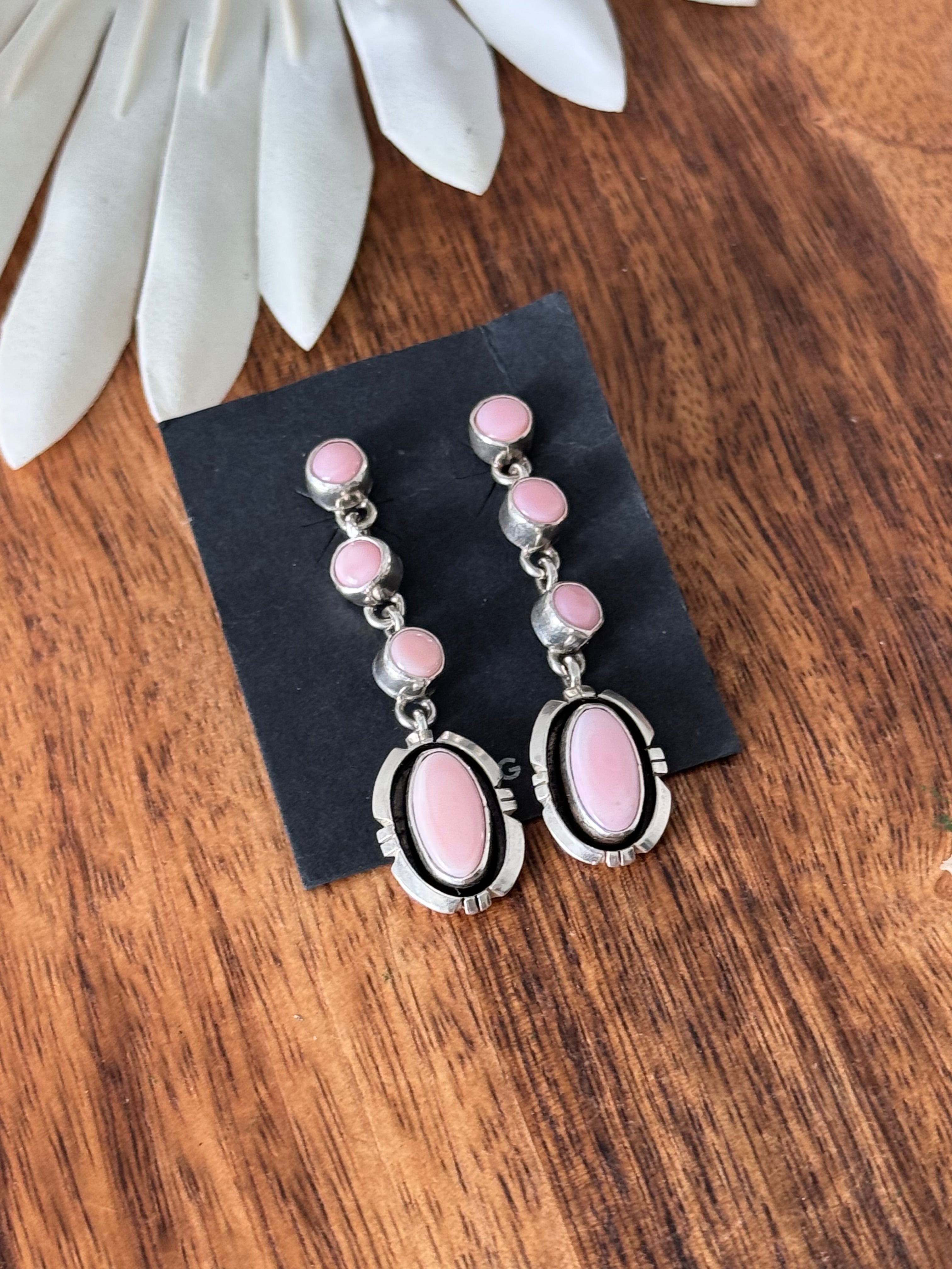 Navajo Made Pink Conch & Sterling Silver Post Dangle Earrings