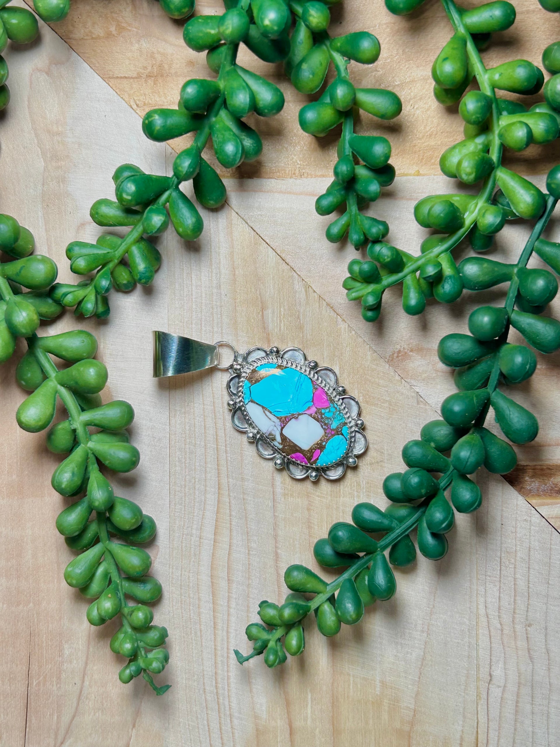 Navajo Made Cotton Candy Dahlia & Sterling Silver Cluster Pendant