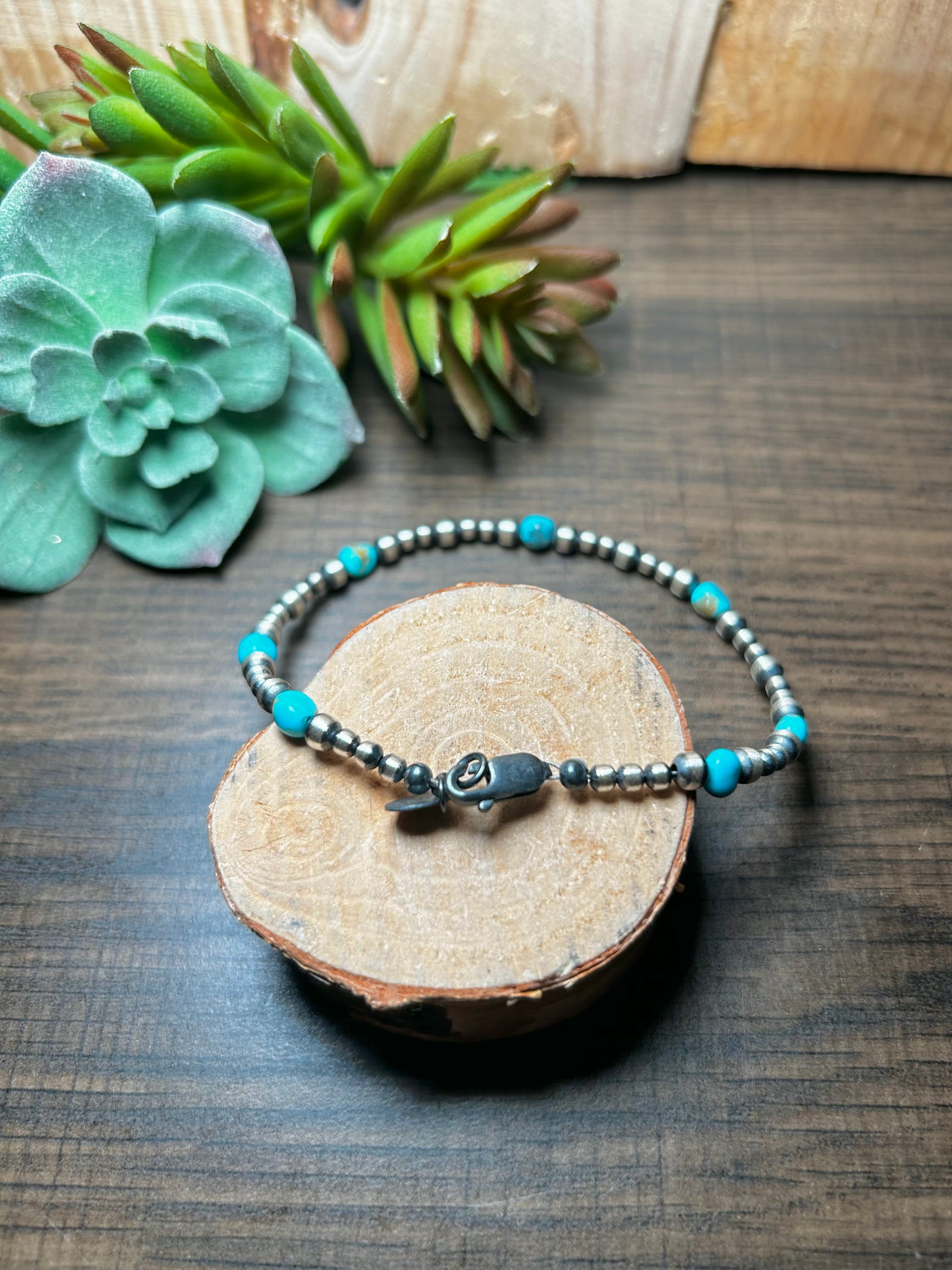 Navajo Strung Kingman Turquoise & Sterling Silver Bracelet