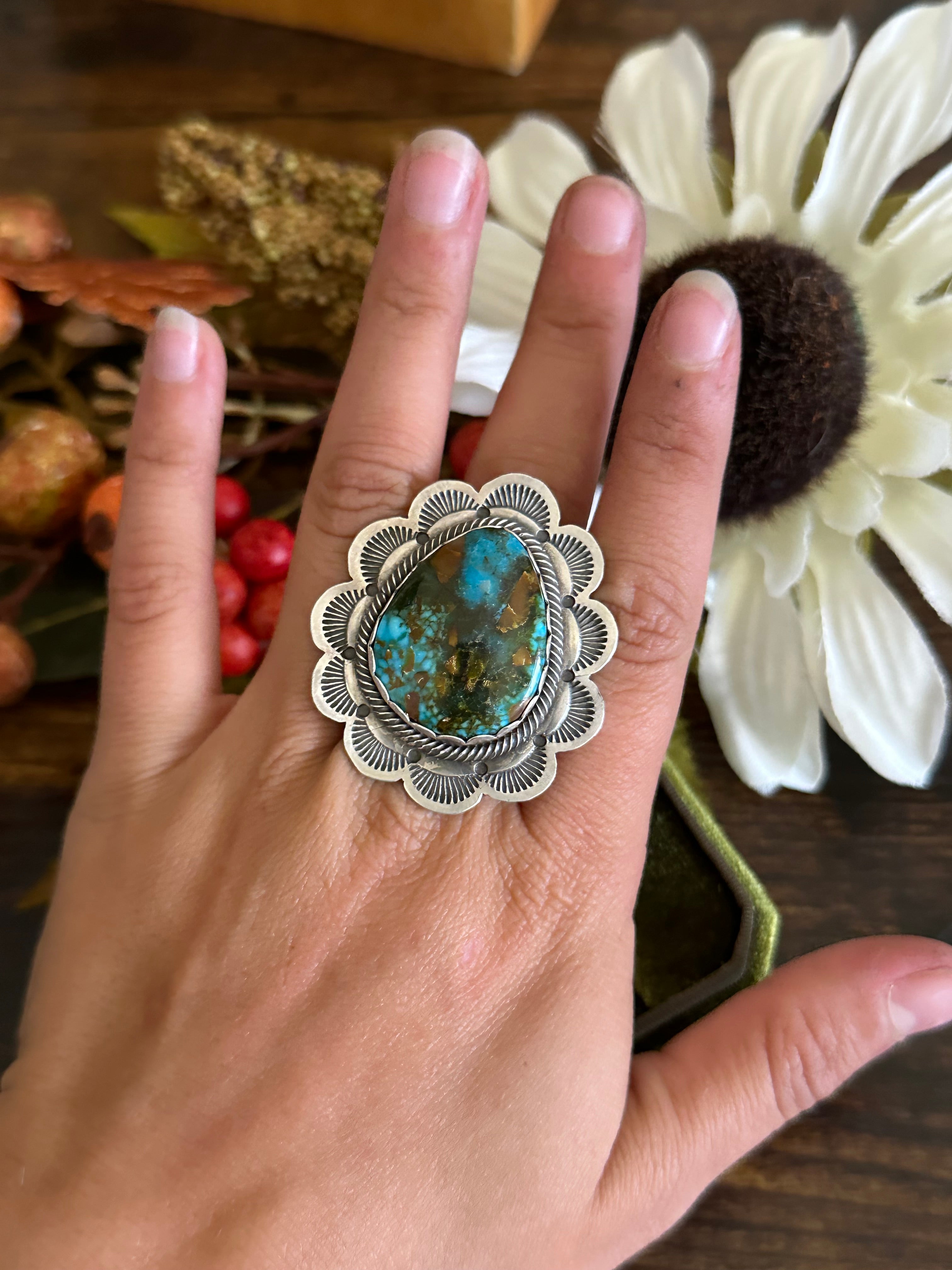 Marie Tsosie High Grade Kingman Turquoise & Sterling Silver Ring Size 9.75