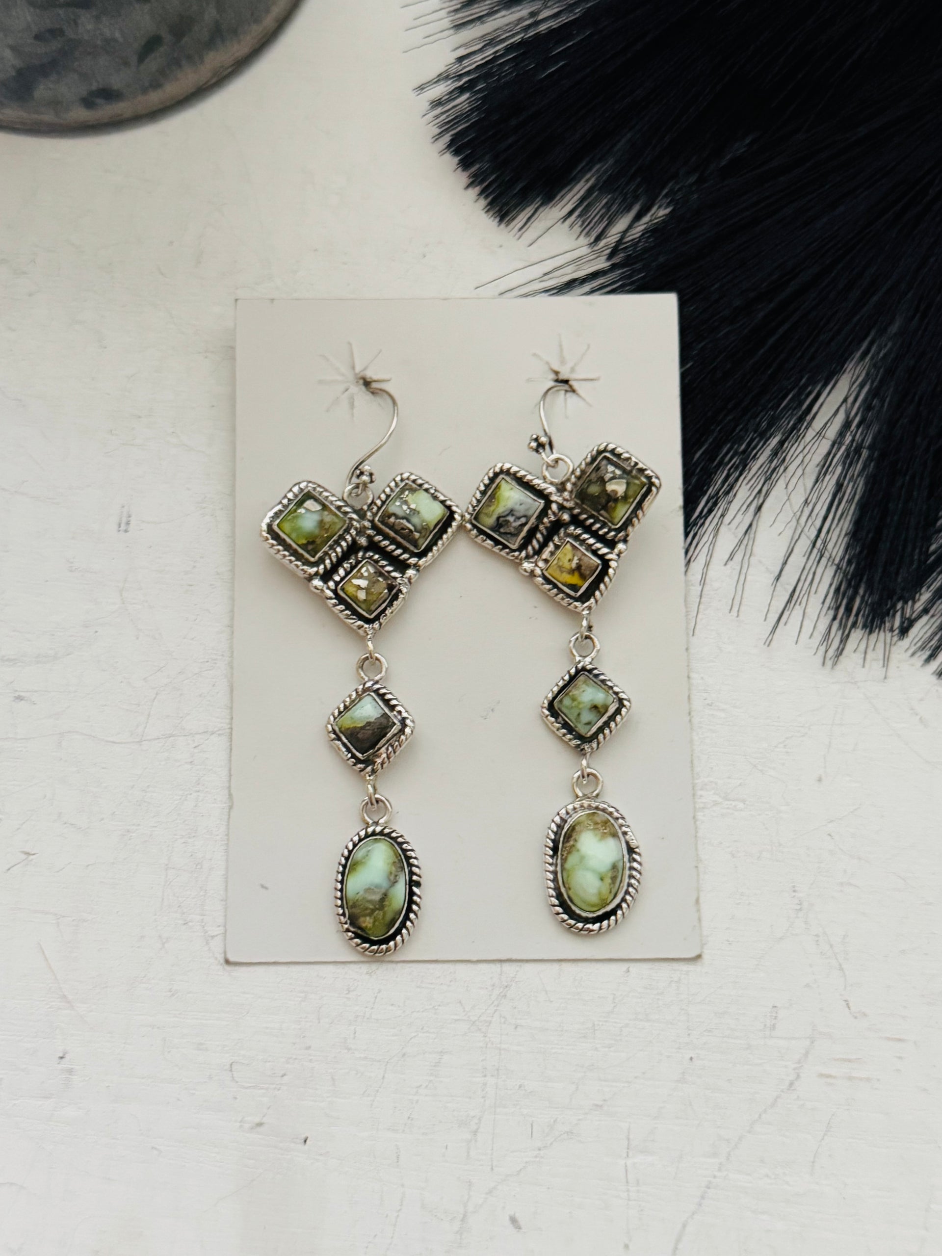 Southwest Handmade Palomino Variscite & Sterling Silver Dangle Earrings