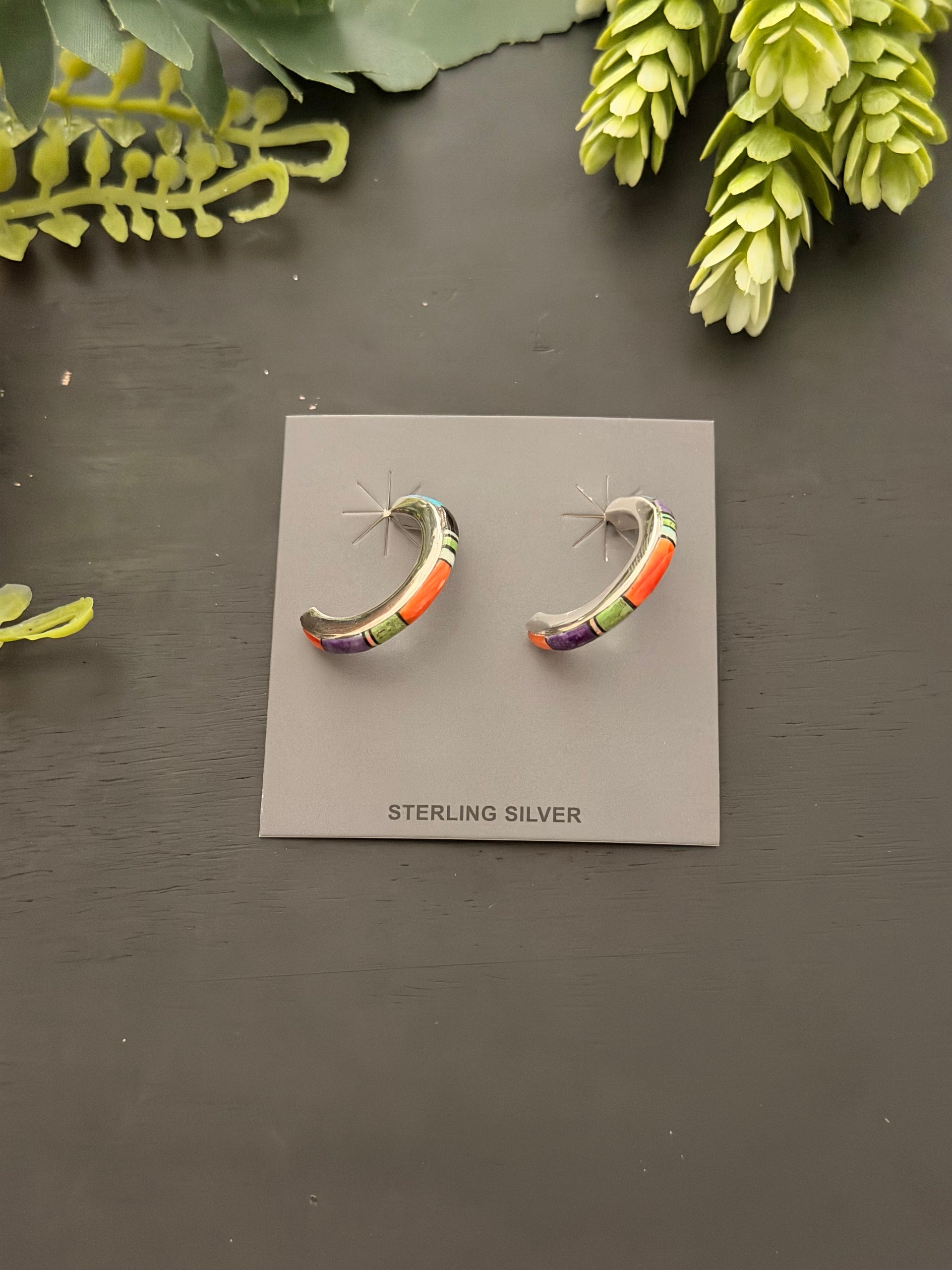 Navajo Made Multi Stone & Sterling Silver Inlay Post Hoop Earrings