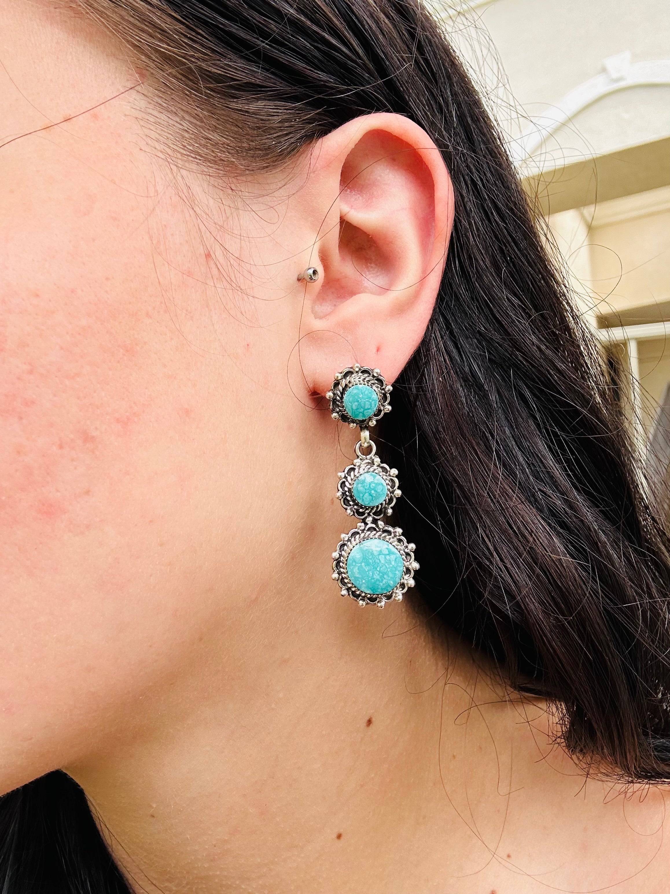 Evelon Platero Kingman Turquoise & Sterling Silver Post Dangle Earrings