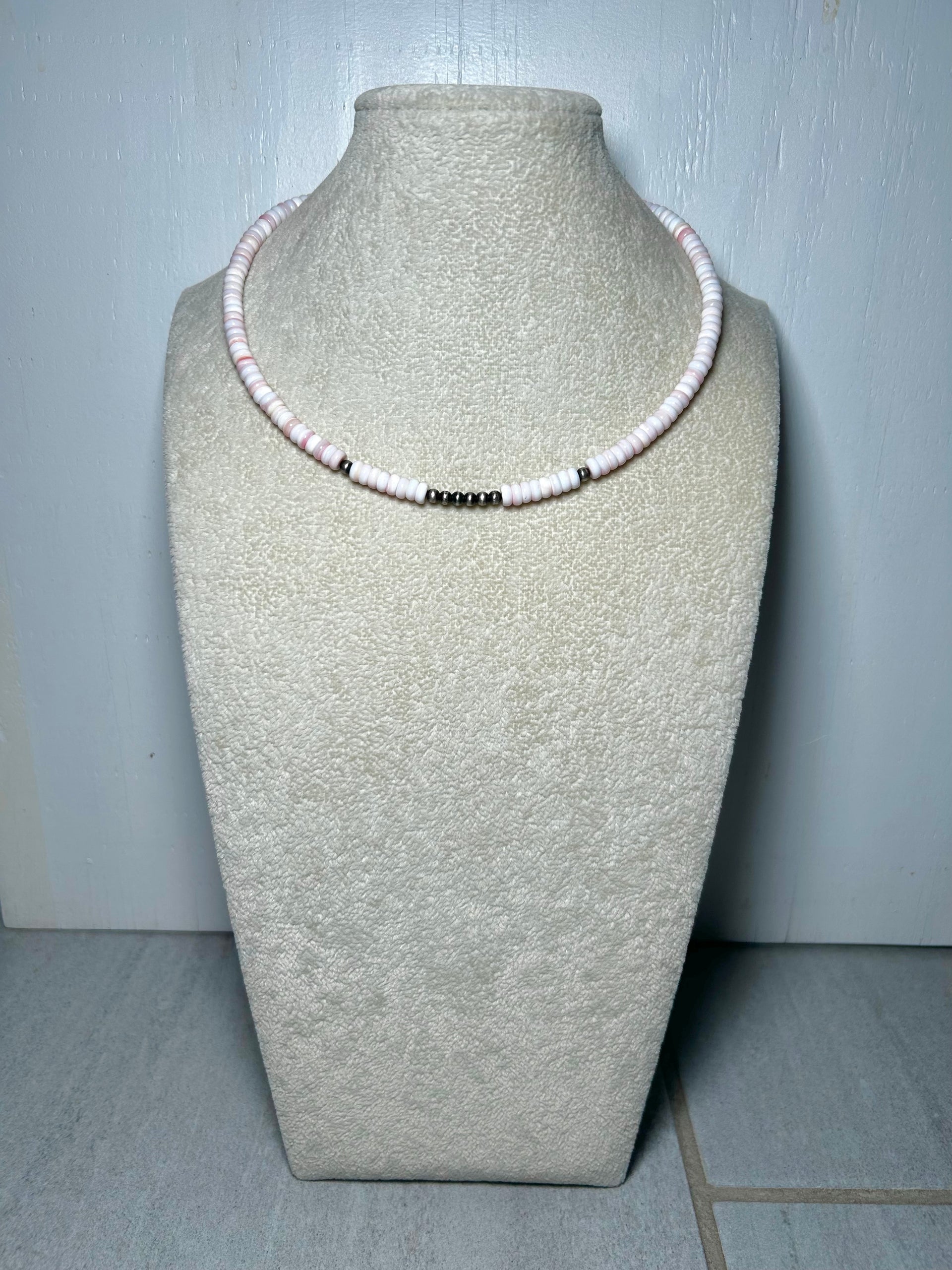 Navajo Made Strung Pink Conch & Sterling Silver Necklace Chocker