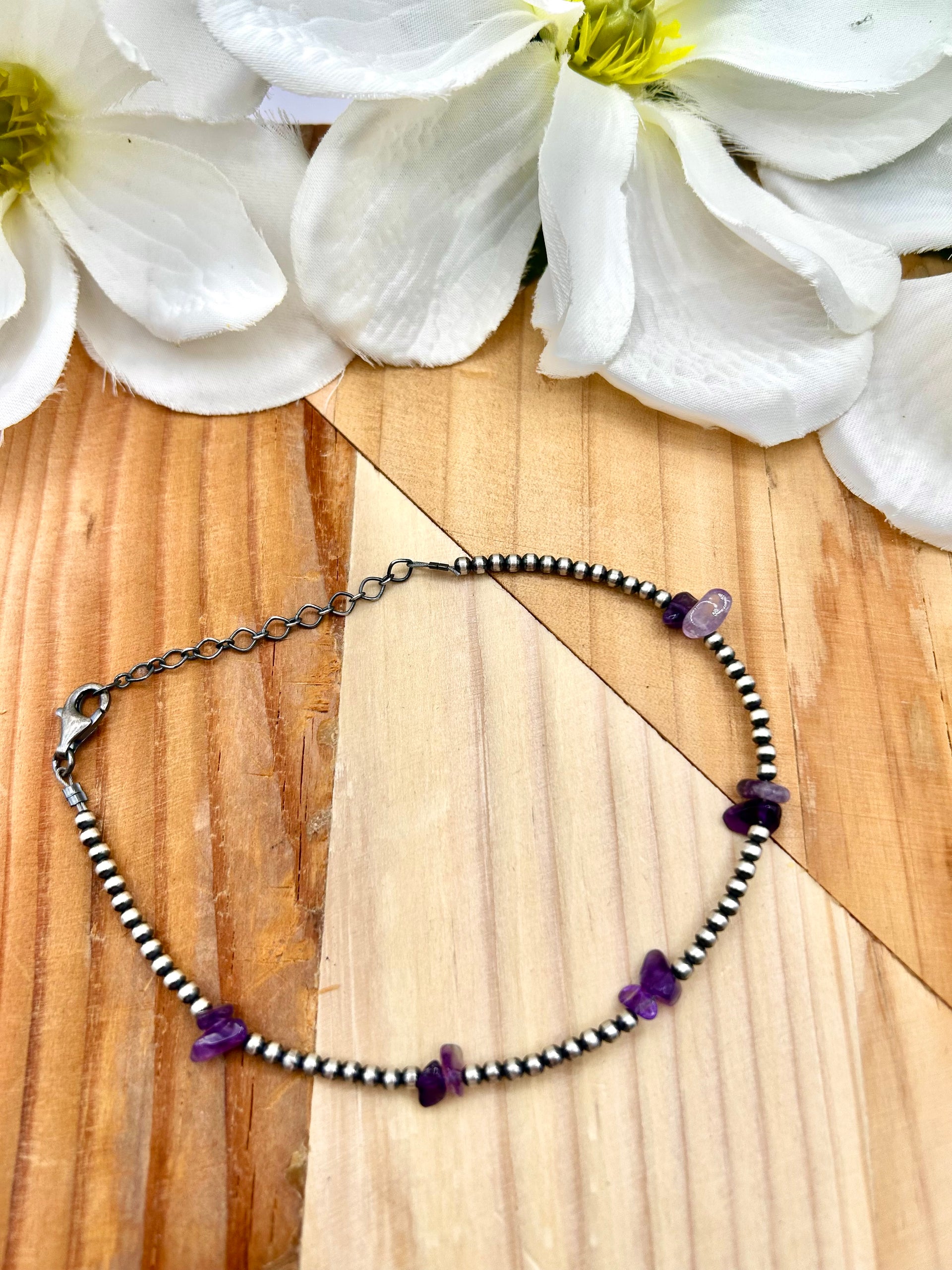 Navajo Made Amethyst & Sterling Silver Strung Anklet