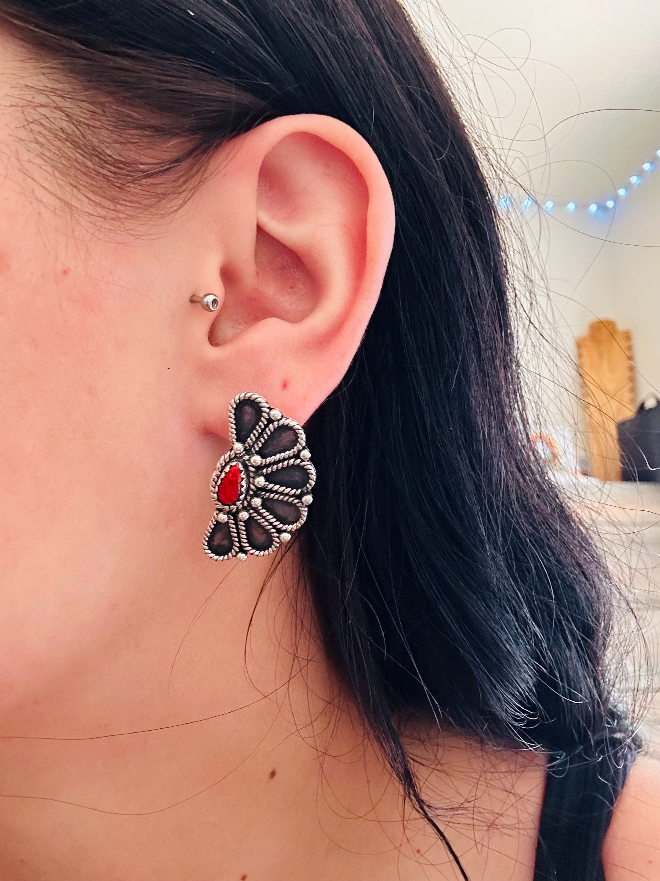 Southwest Handmade Red Opal & Sterling Silver Half Flower Post Earrings