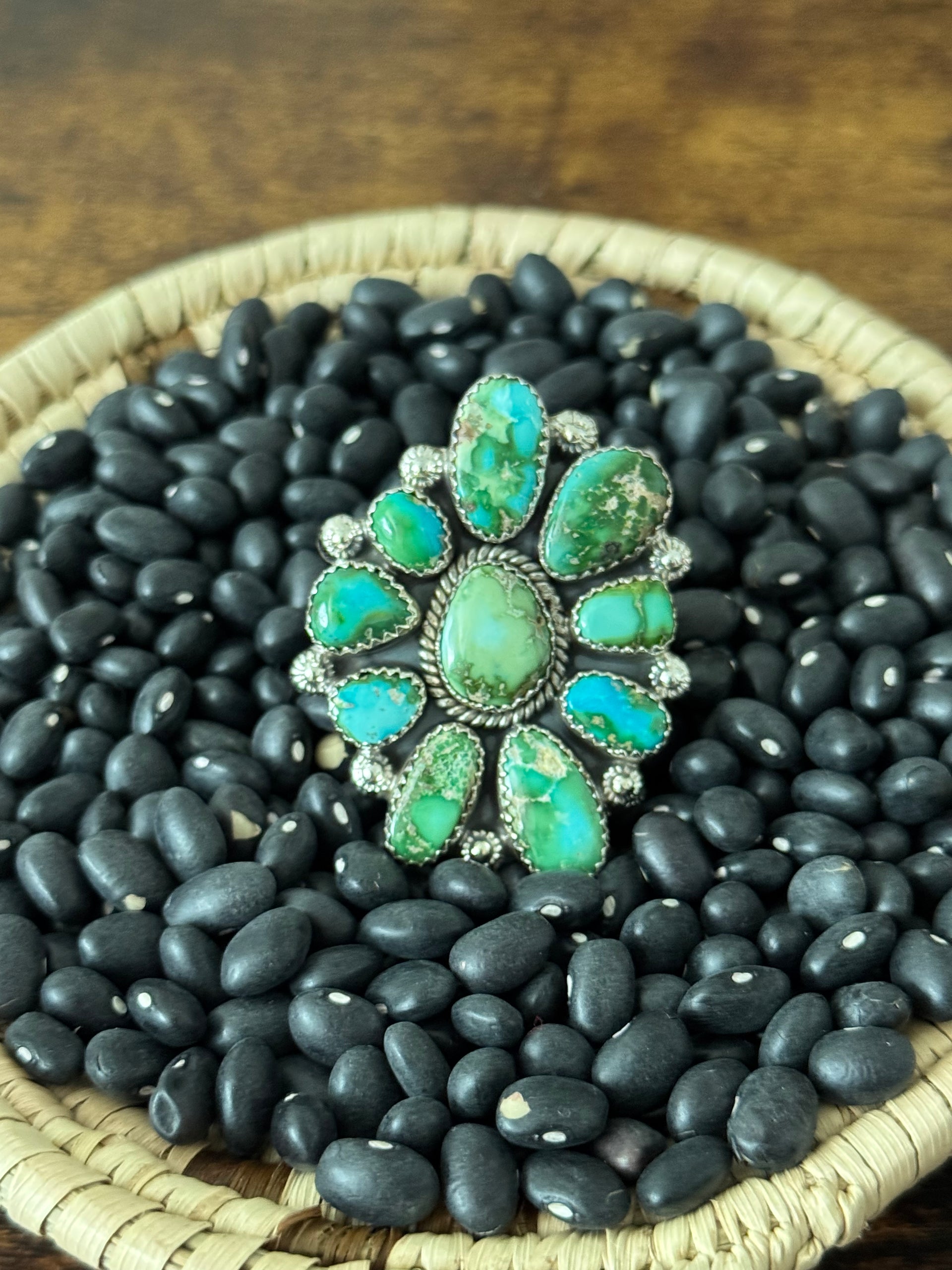 Southwest Handmade Sonoran Mountain Turquoise & Sterling Silver Adjustable Cluster Ring