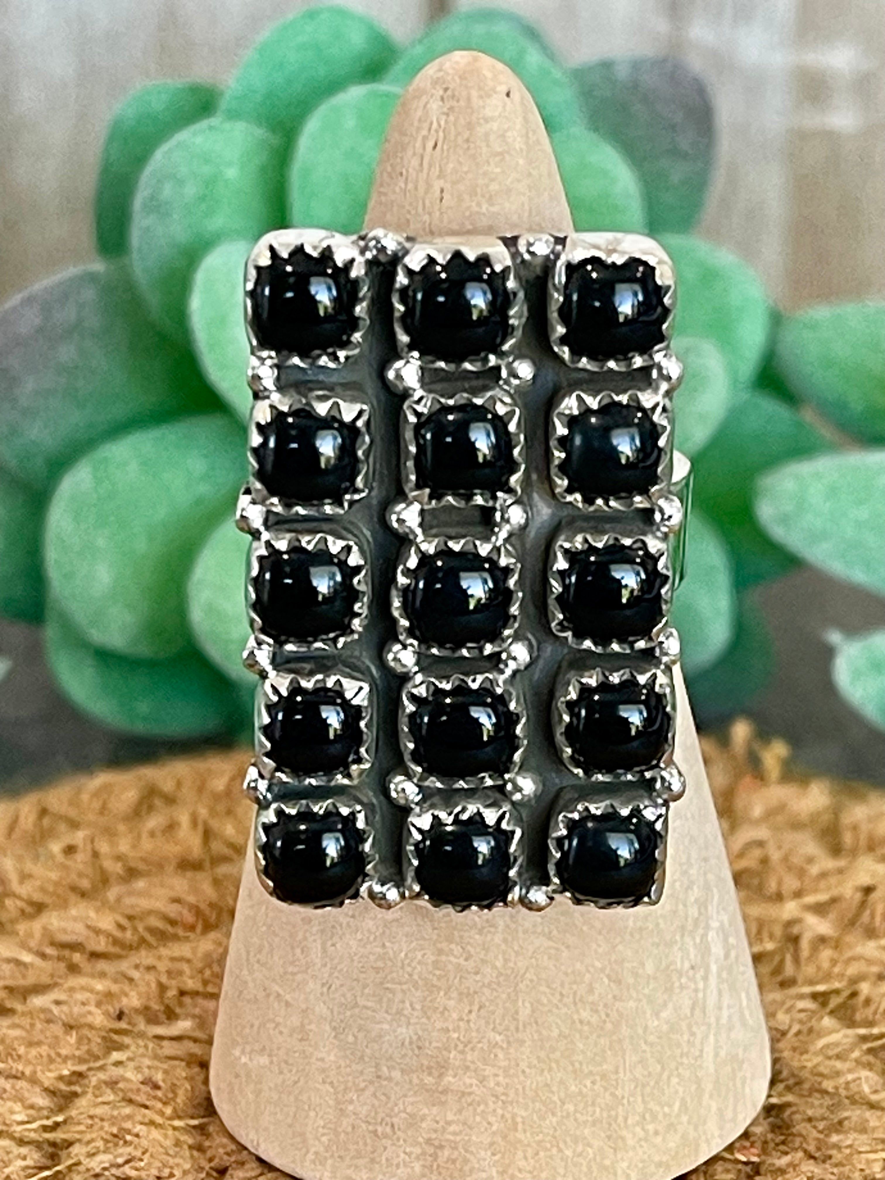 Southwest Handmade Black Onyx & Sterling Silver Adjustable Cluster Ring