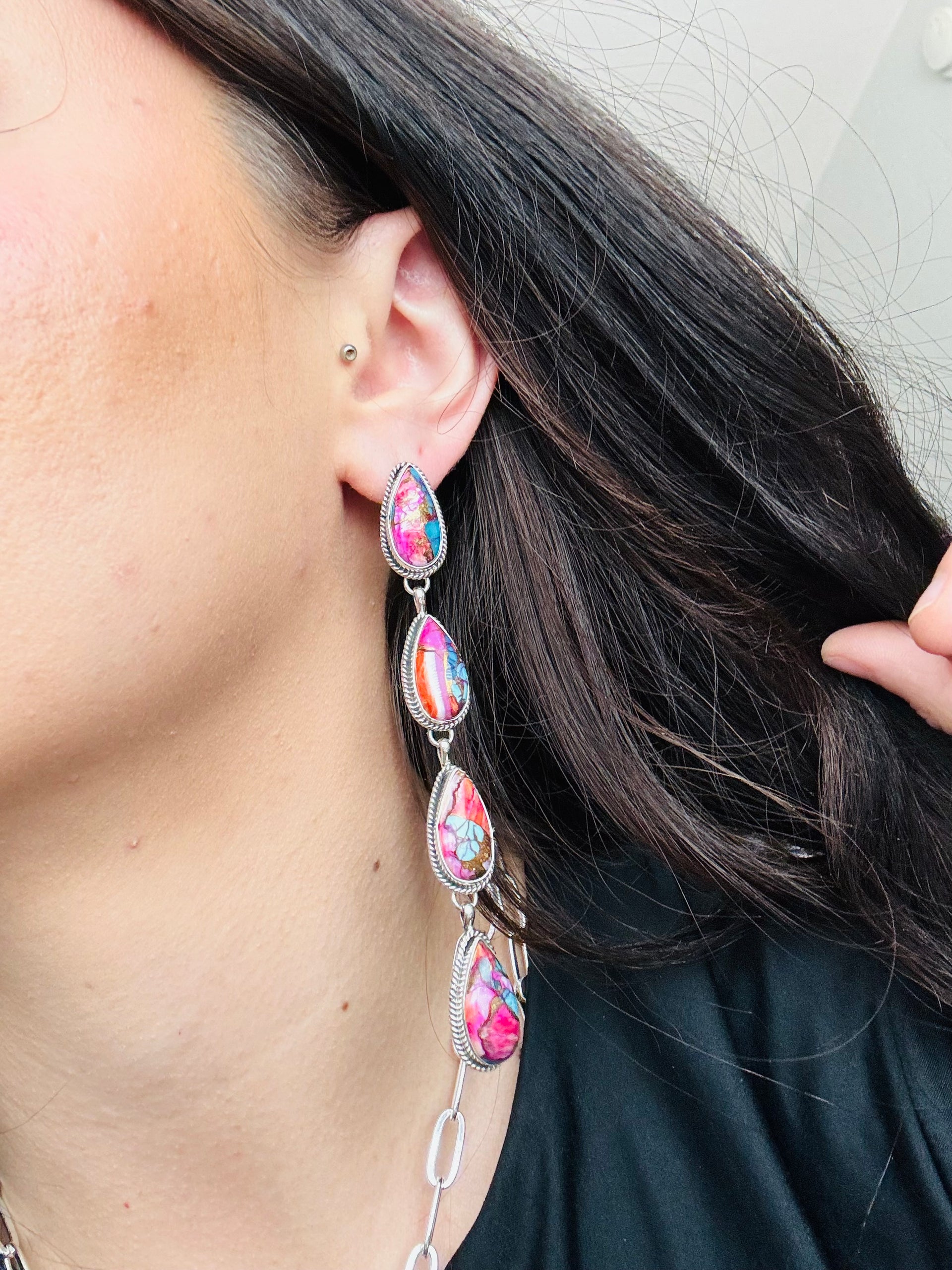 Navajo Made Pink Mohave Turquoise & Sterling Silver Post Earrings