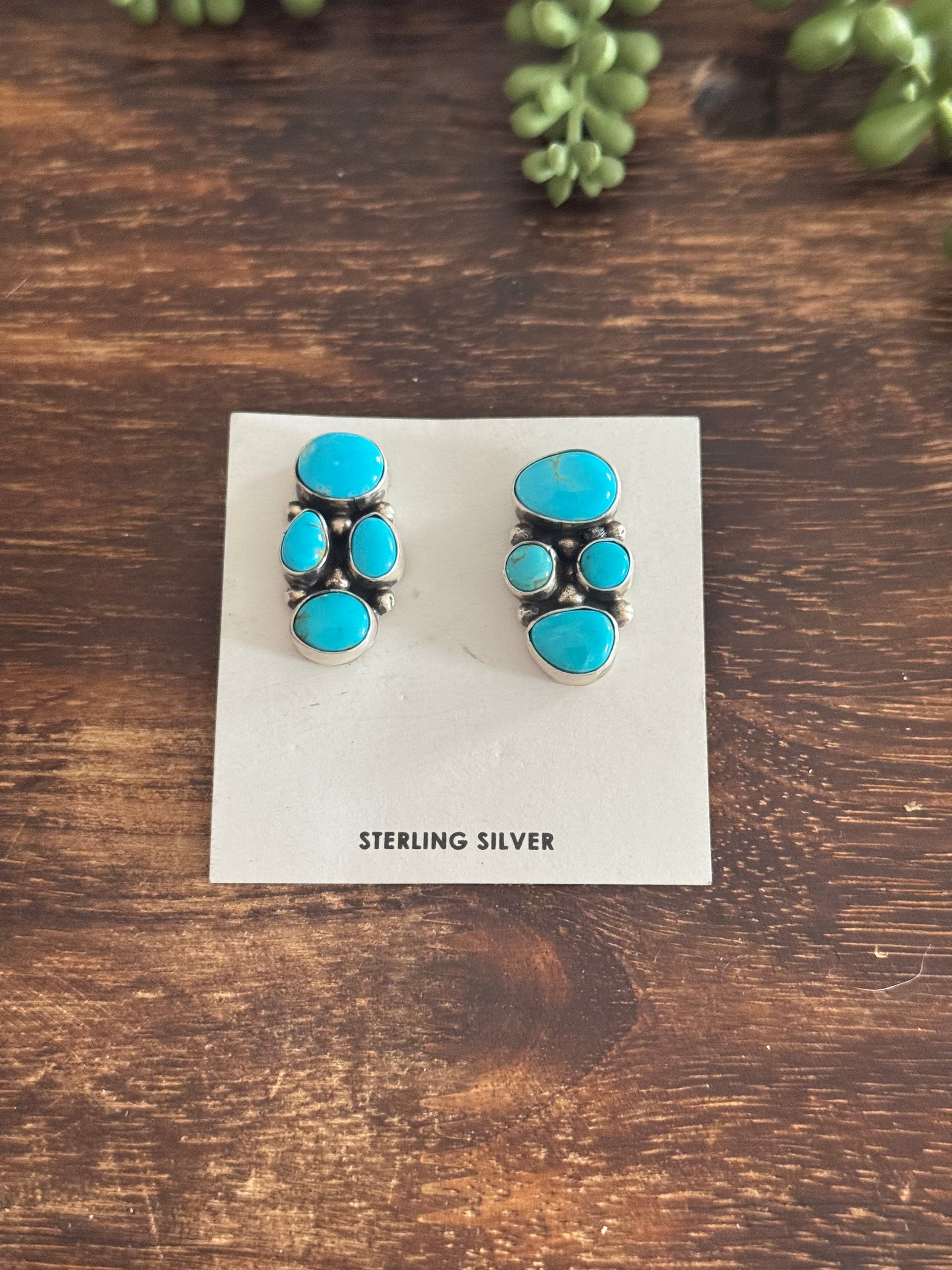 Lydia Begay Kingman Turquoise & Sterling Silver Post Dangle Cluster Earrings