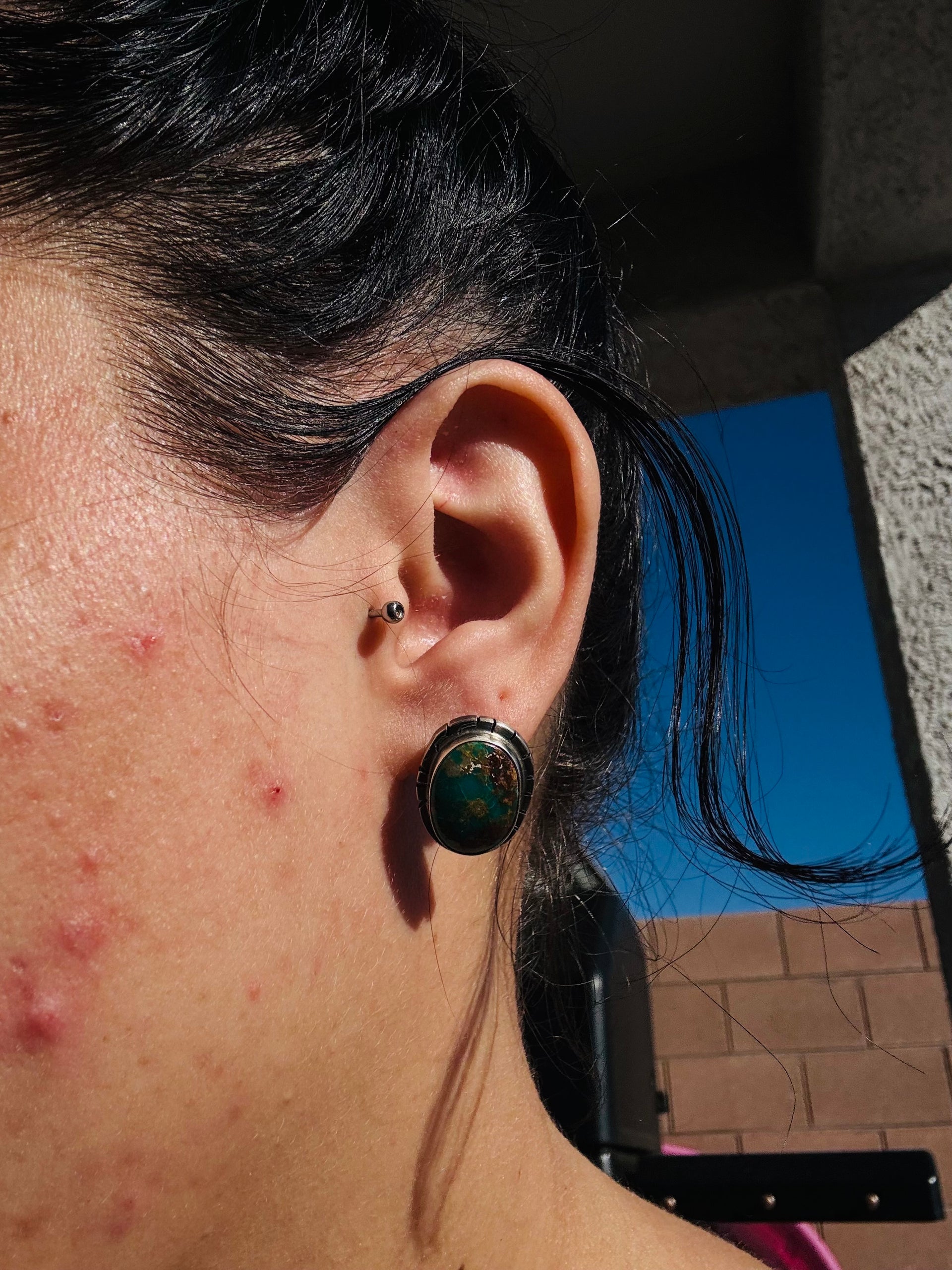 Navajo Made Kingman Turquoise & Sterling Silver Post Earrings