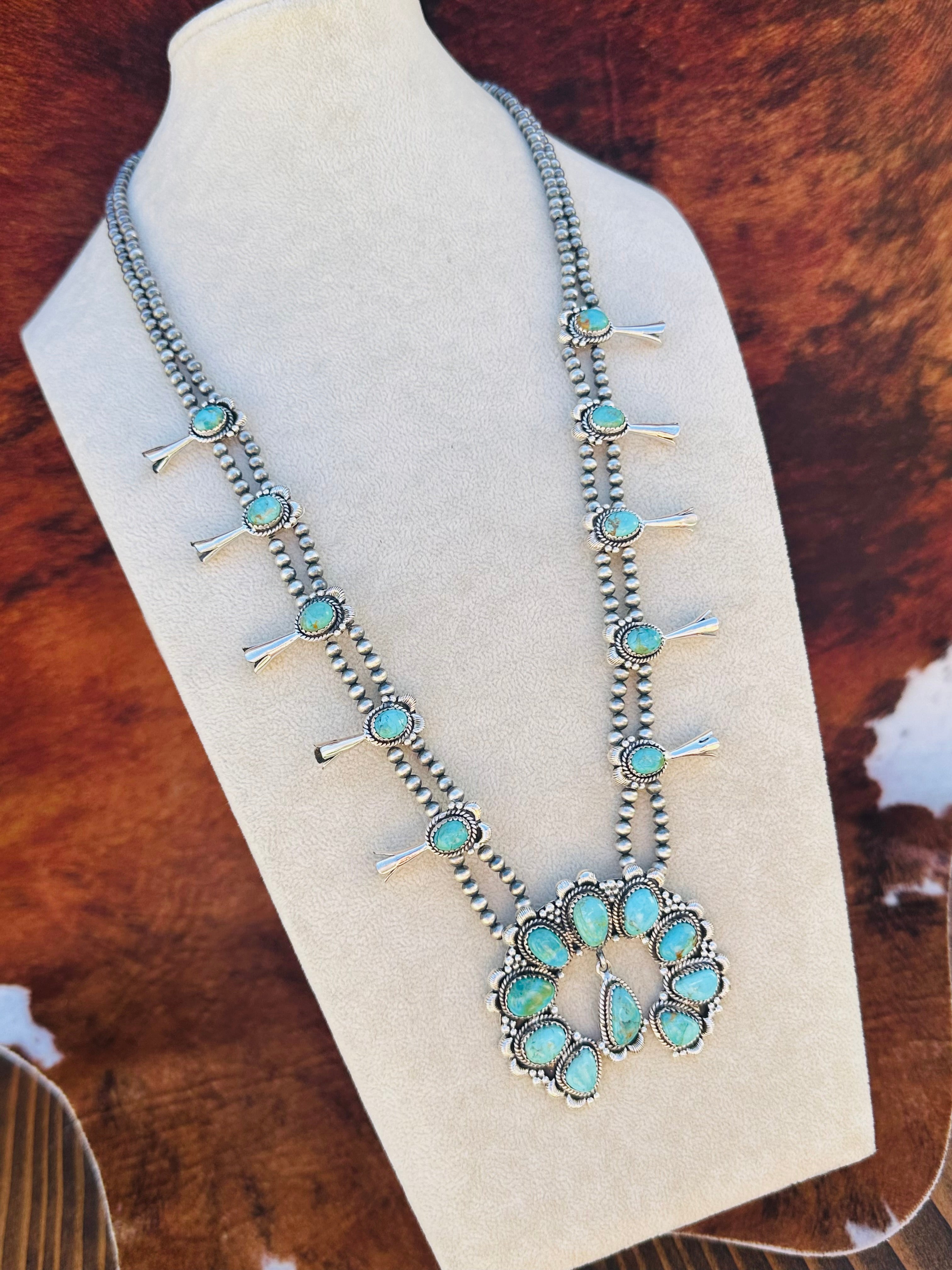 Southwest Handmade Kingman Turquoise & Sterling Silver Squash Blossom