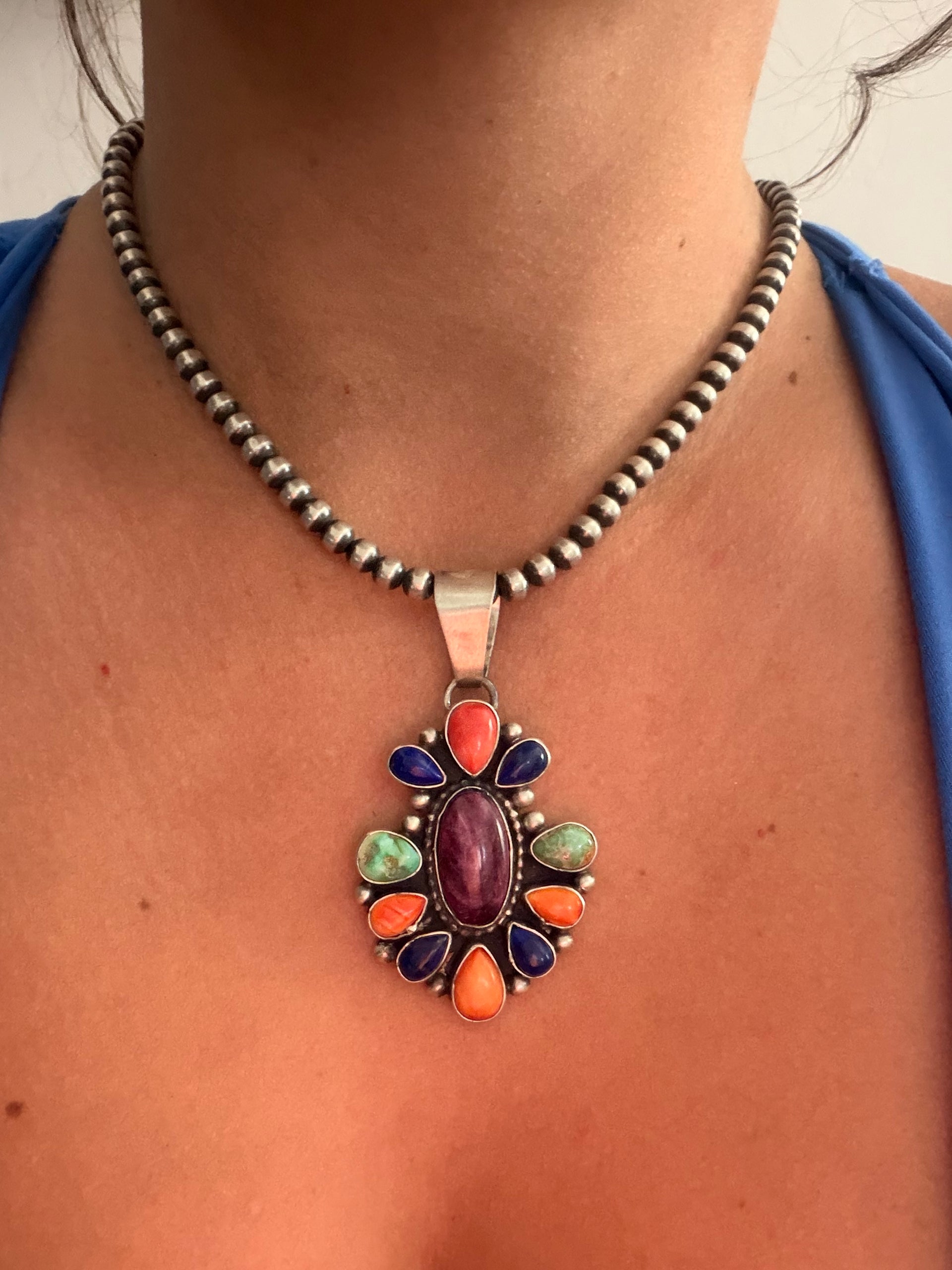 Betty Tom Multi Stone & Sterling Silver Cluster Pendant