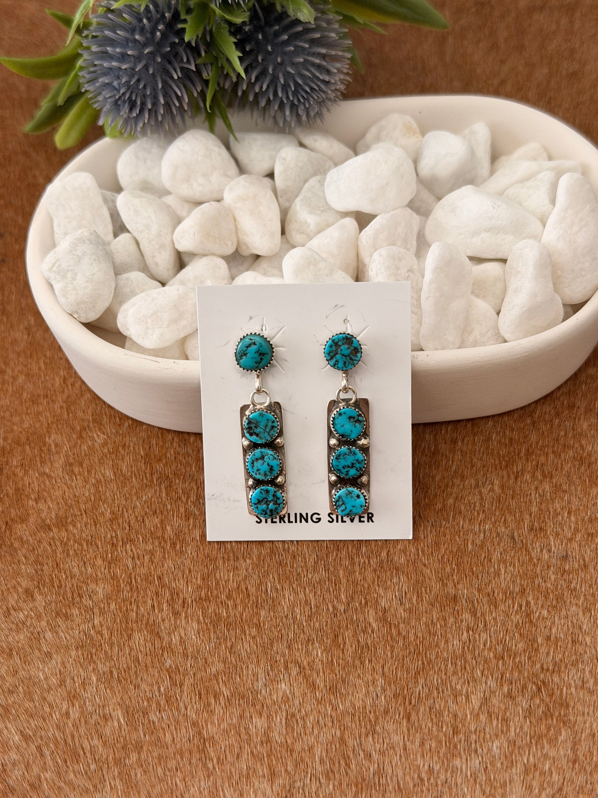 Julia Etsitty Kingman Turquoise & Sterling Silver Post Dangle Cluster Earrings