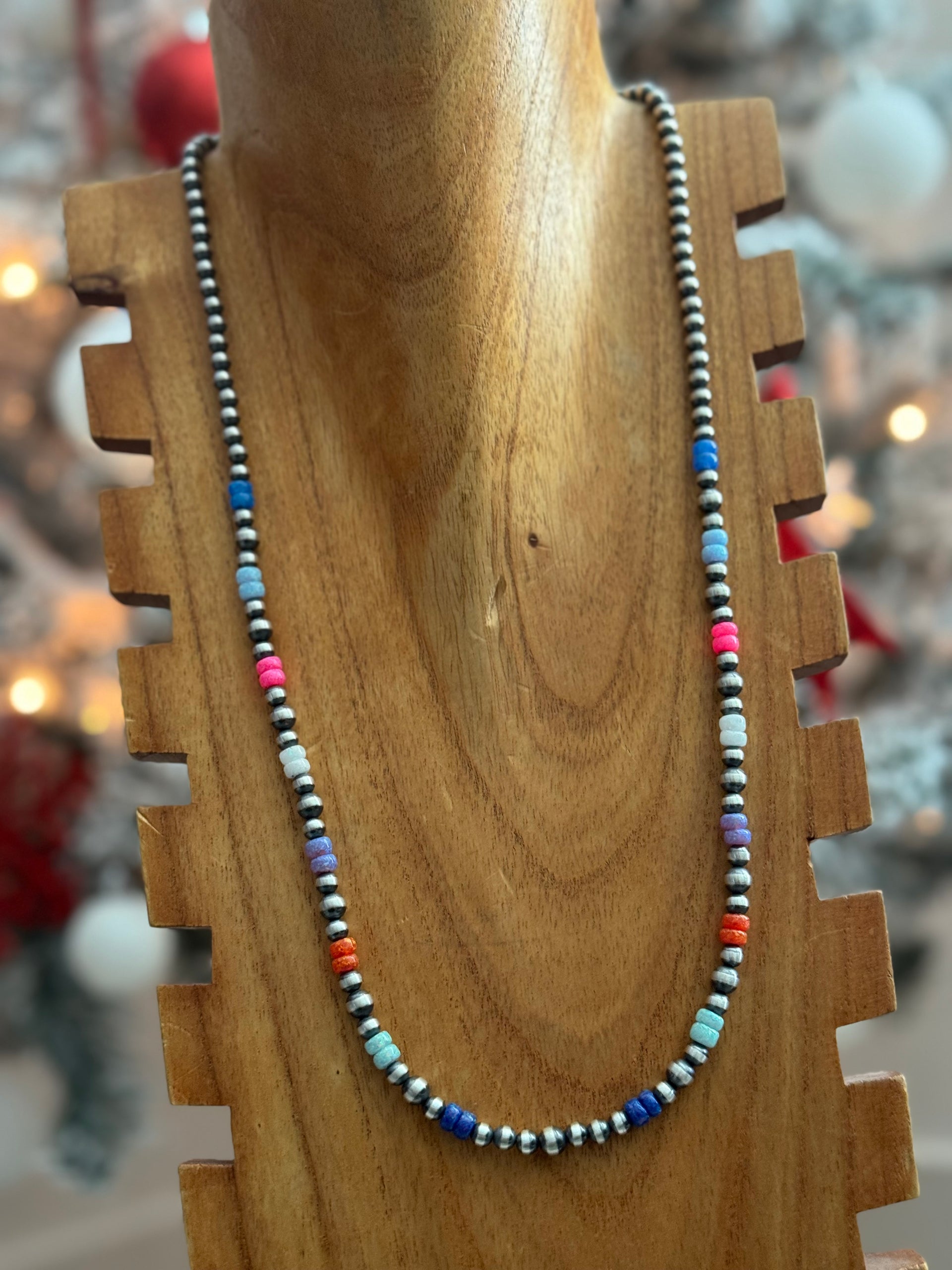 Navajo Strung Opal & Sterling Silver Beaded Pearl Necklace