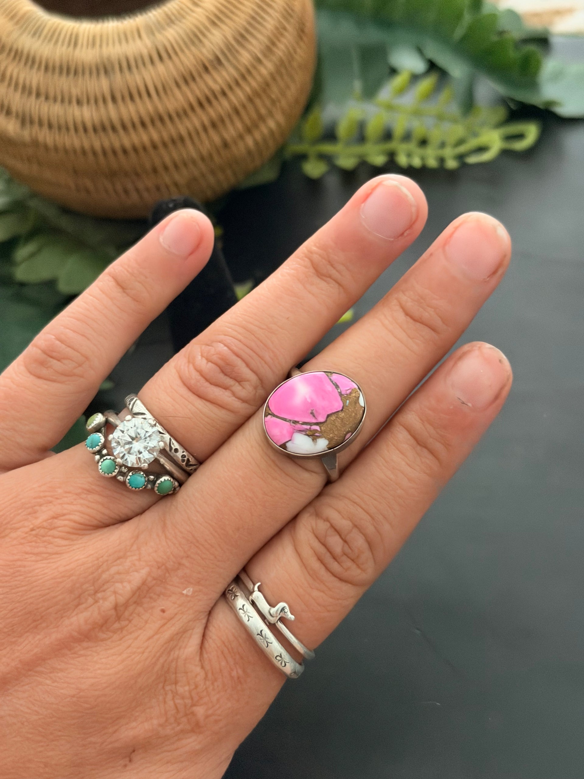 Navajo Made Cotton Candy Dahlia & Sterling Silver Ring Size 8