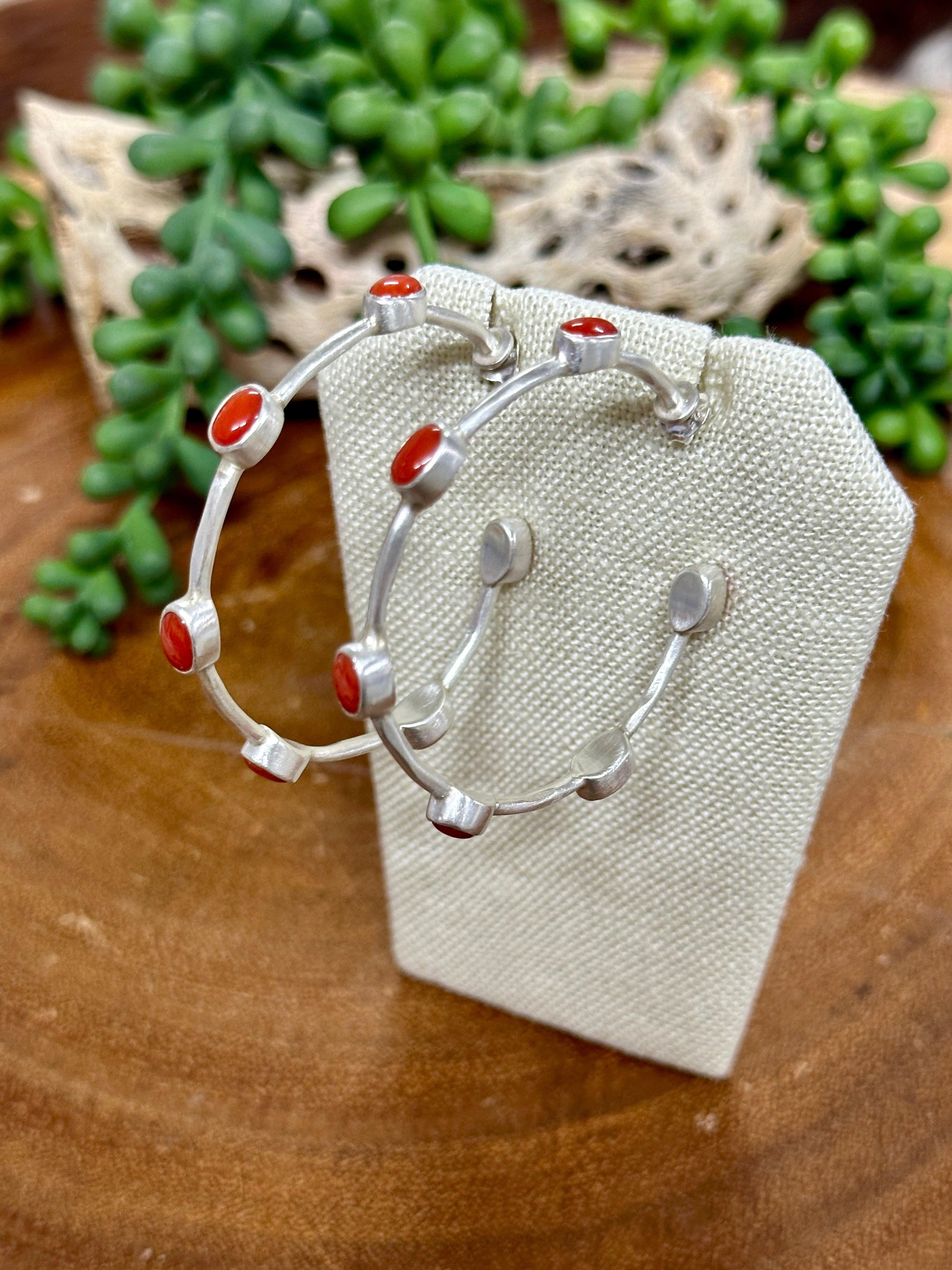 Southwest Handmade Mediterranean Coral & Sterling Silver Hoop Earrings