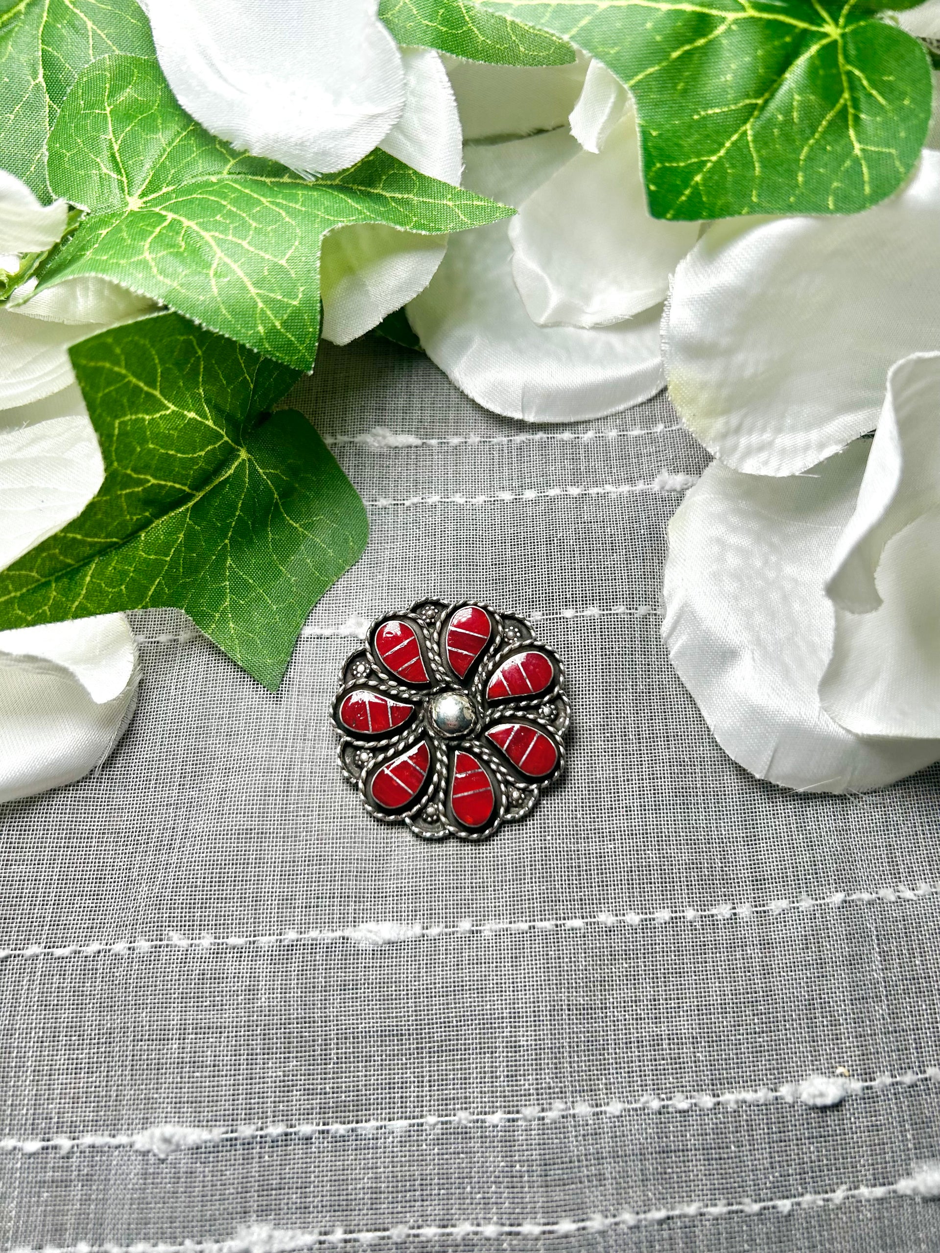 Zuni Made Coral & Sterling Silver Pendant/Pin