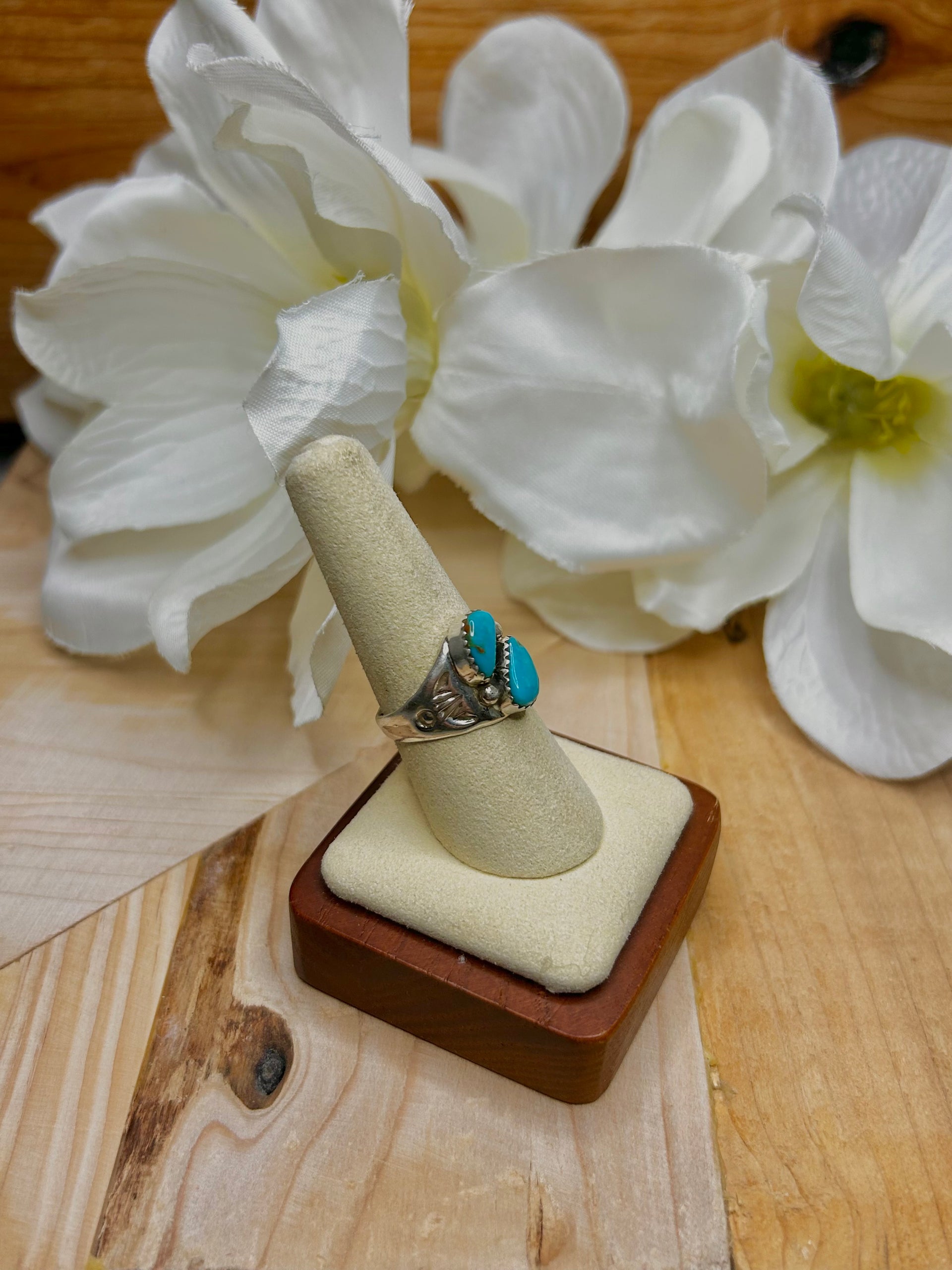 Navajo Made Kingman Turquoise & Sterling Silver Cluster Ring Size 8