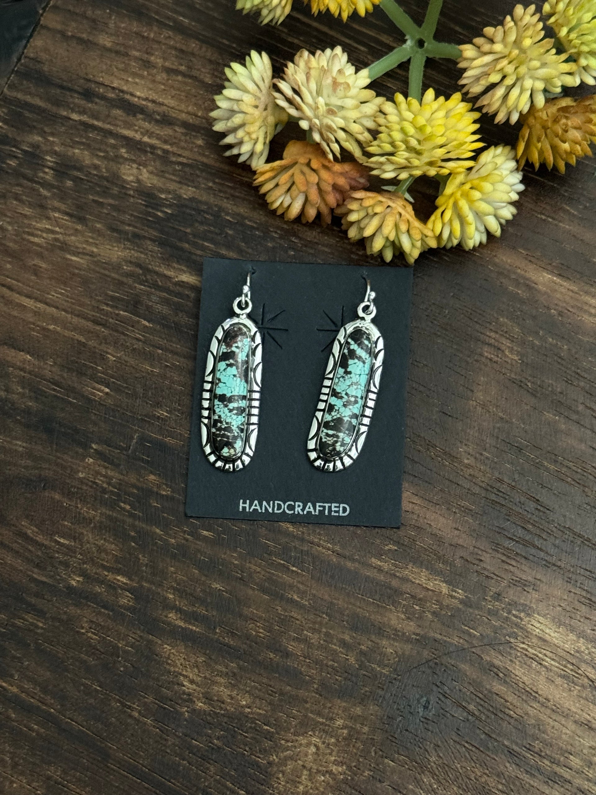 Navajo Made Black Jack Turquoise & Sterling Silver Dangle Earrings