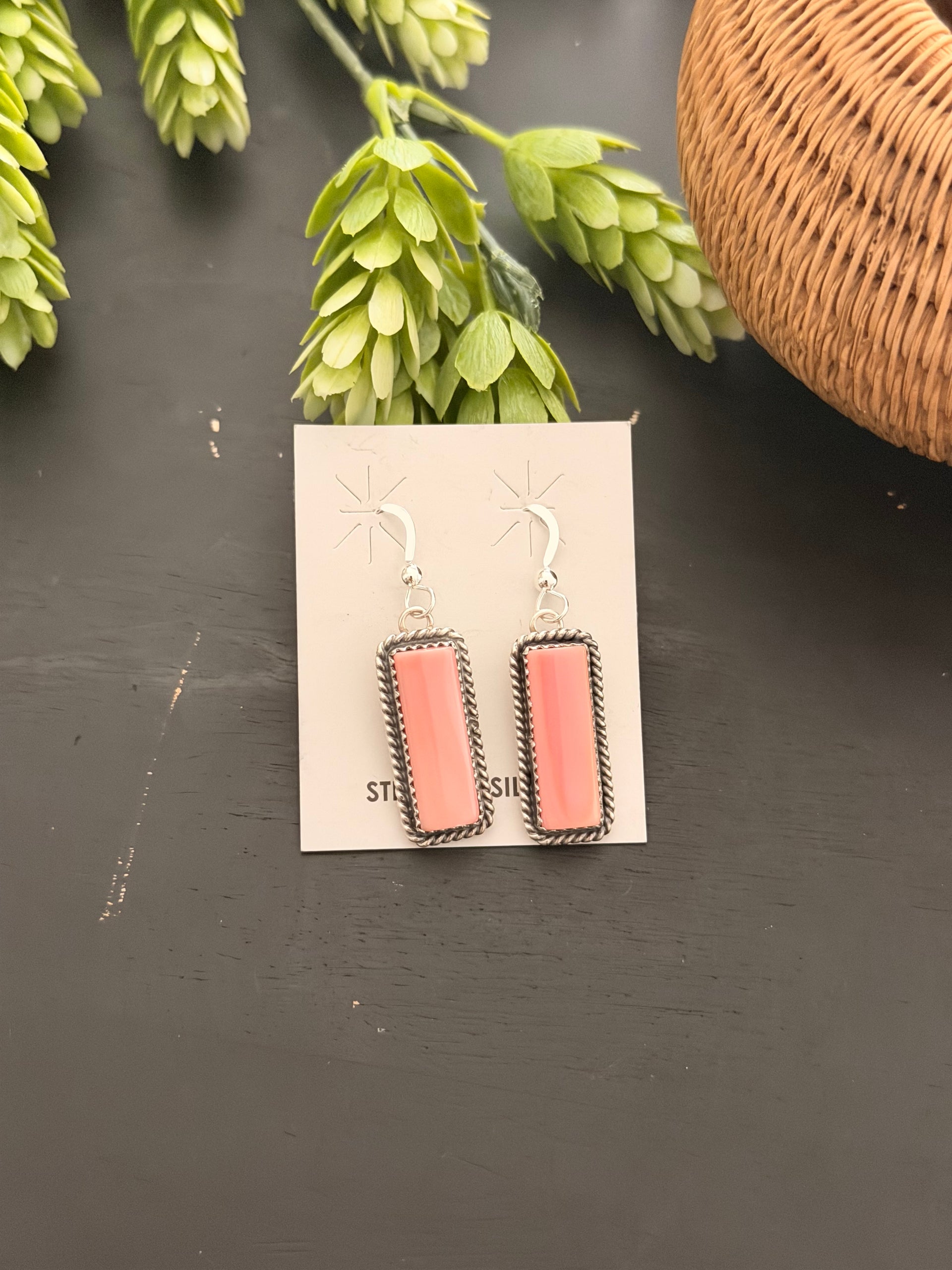 Virginia Becenti Pink Conch & Sterling Silver Dangle Earrings