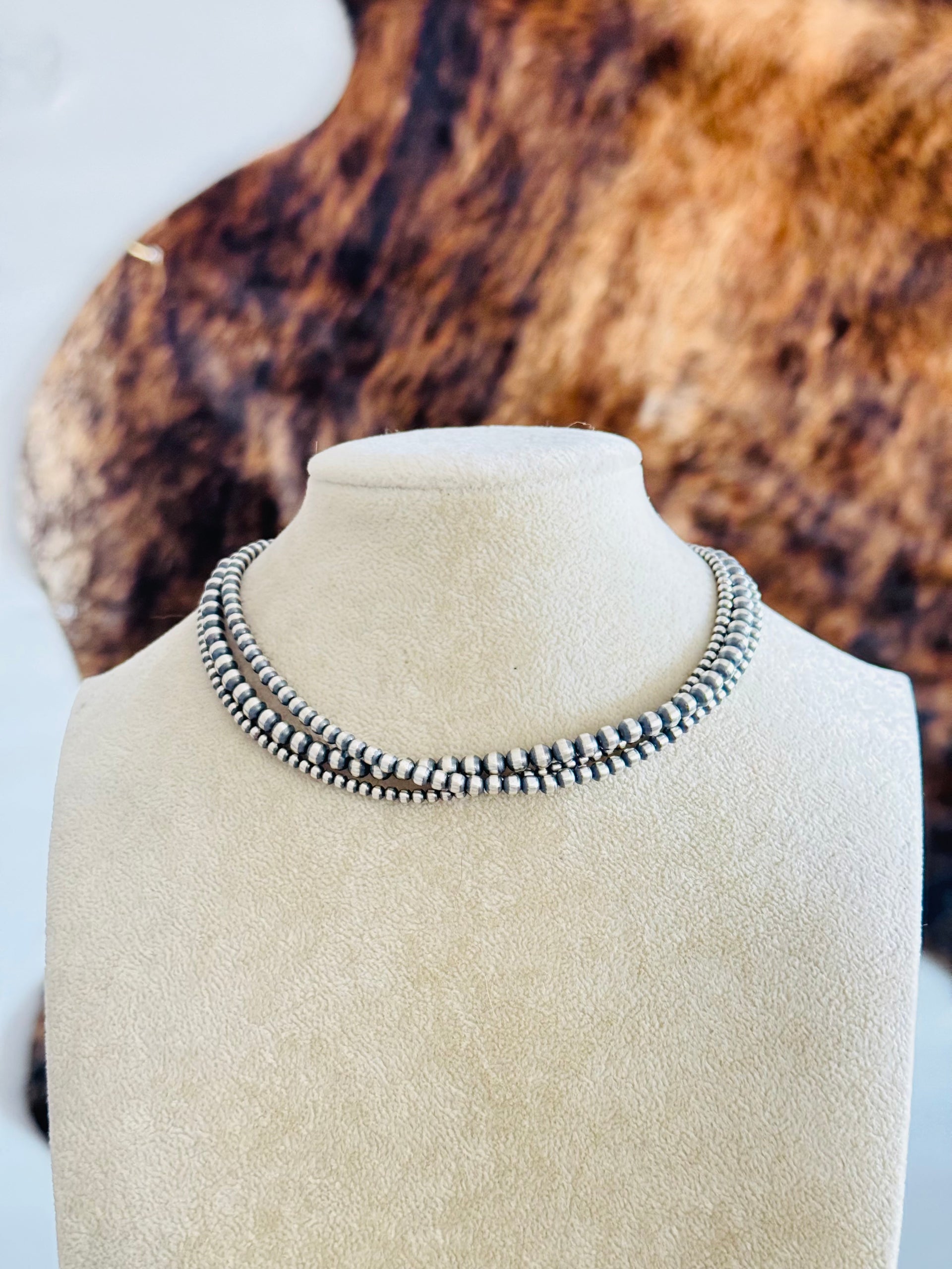 Navajo Strung 3 Strand Sterling Silver Pearls Beaded Necklace