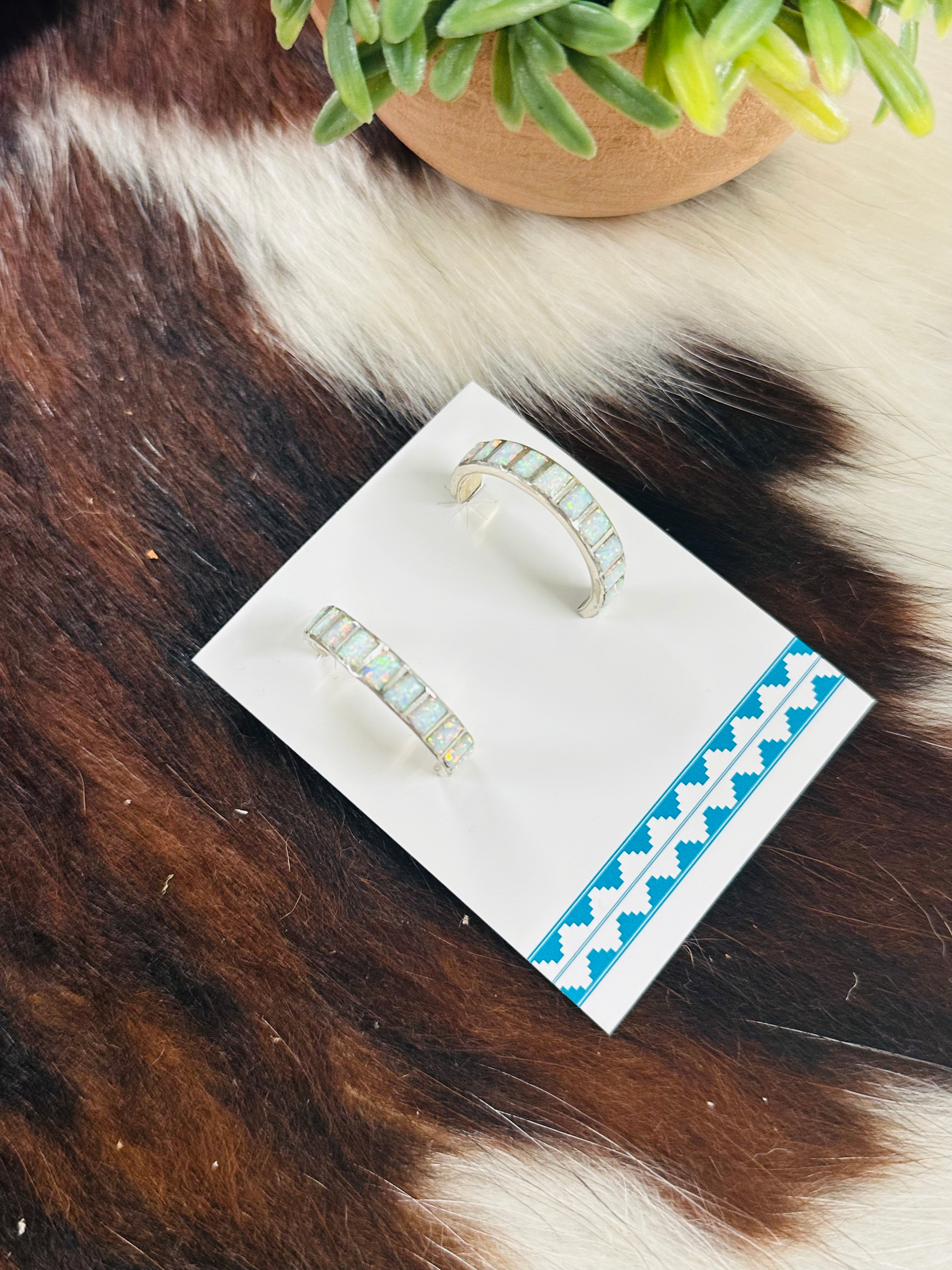 Navajo Made White Opal & Sterling Silver Hoop Earrings