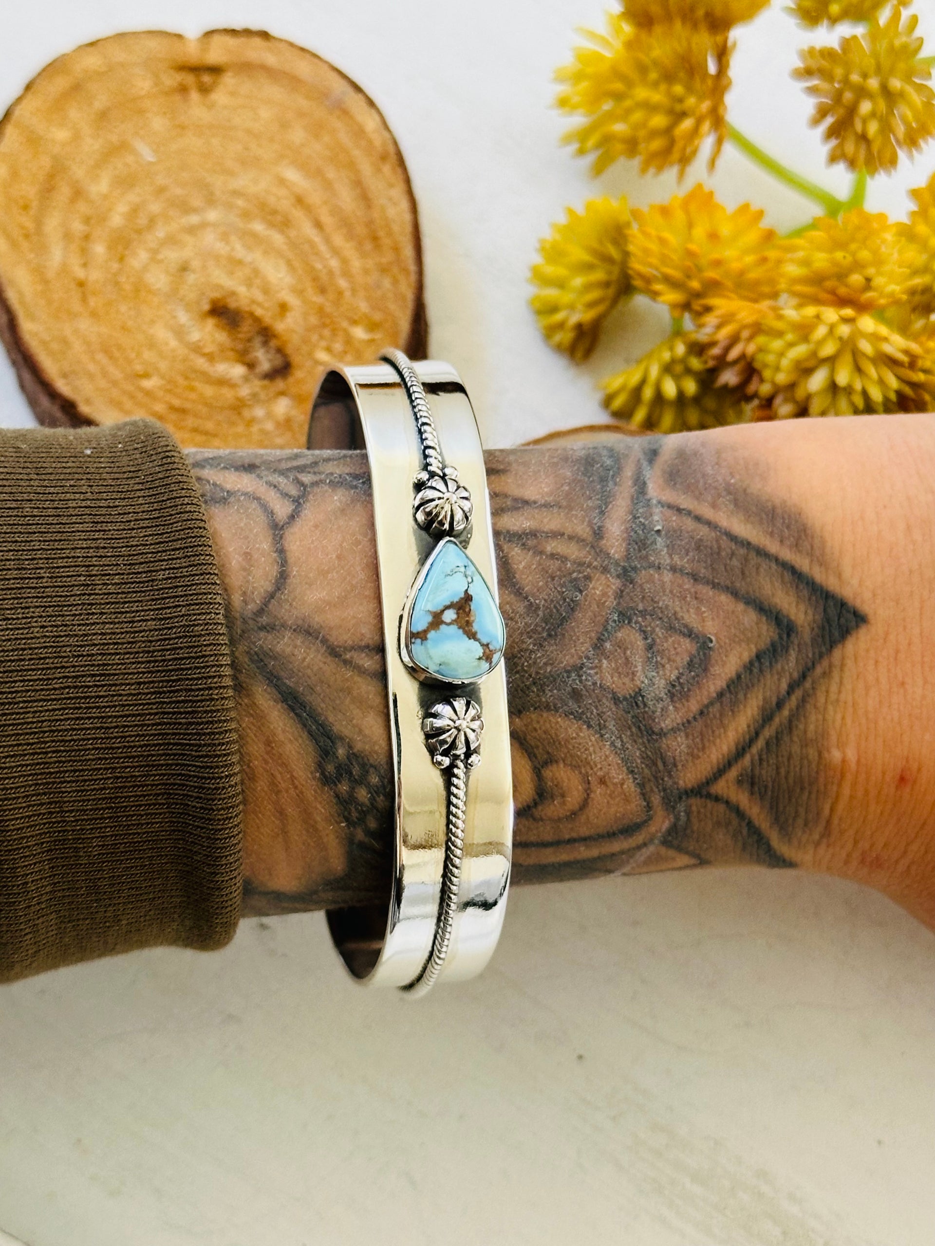 Southwest Made Golden Hills Turquoise & Sterling Silver Cuff Bracelet