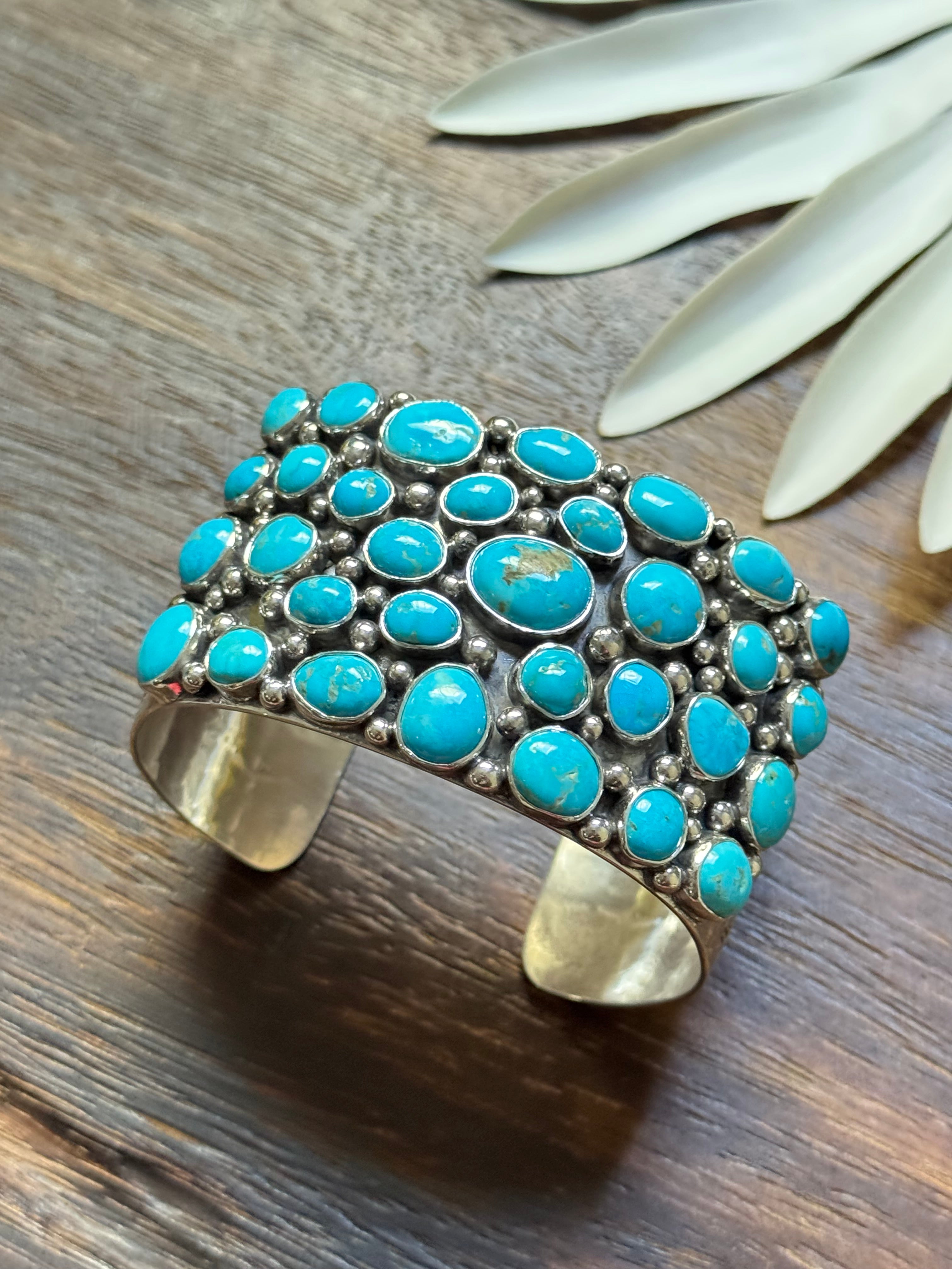 Larry Kaye Kingman Turquoise & Sterling Silver Cluster Cuff Bracelet