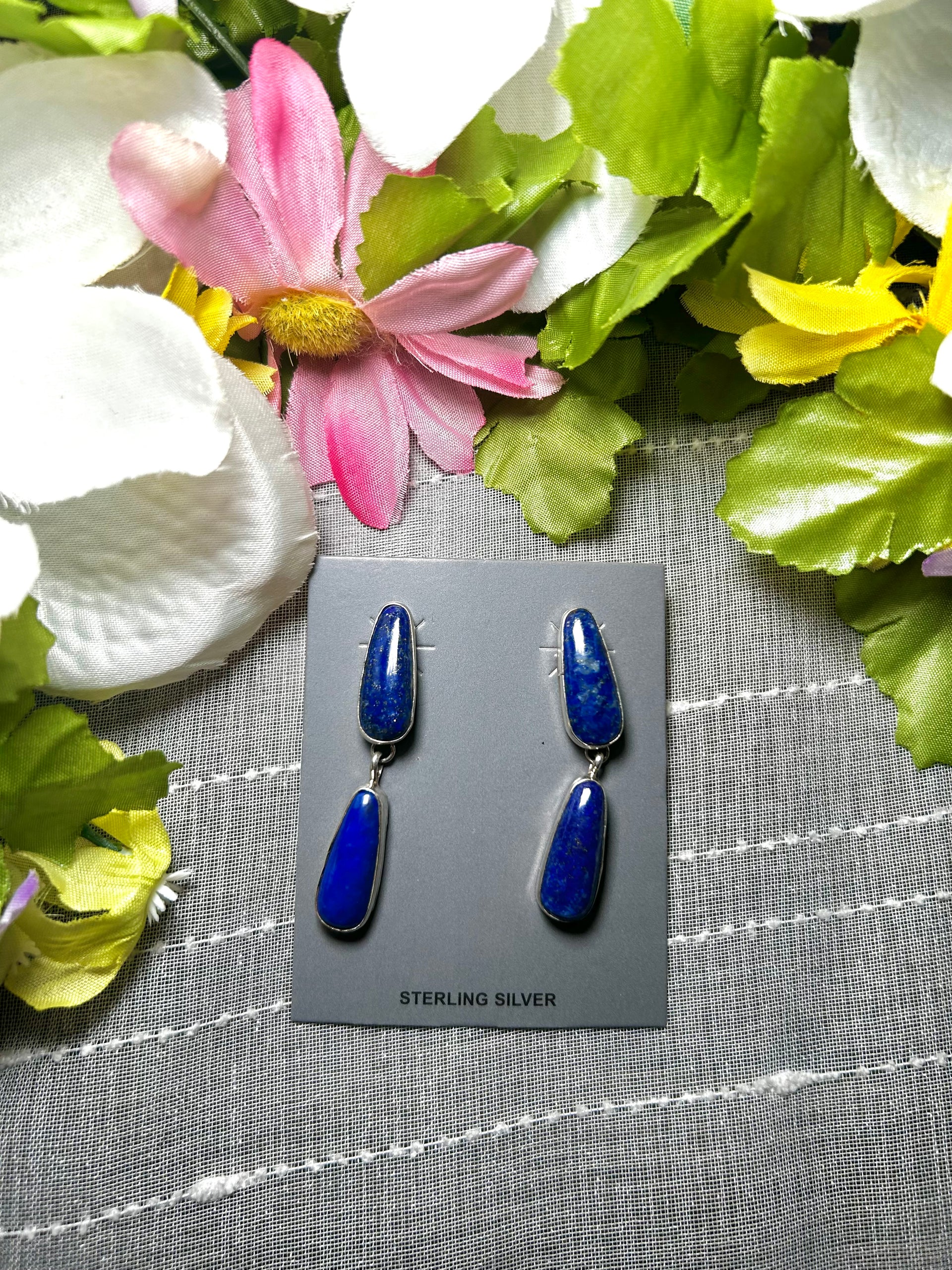 Navajo Made Lapis  & Sterling Silver Post Dangle Earrings