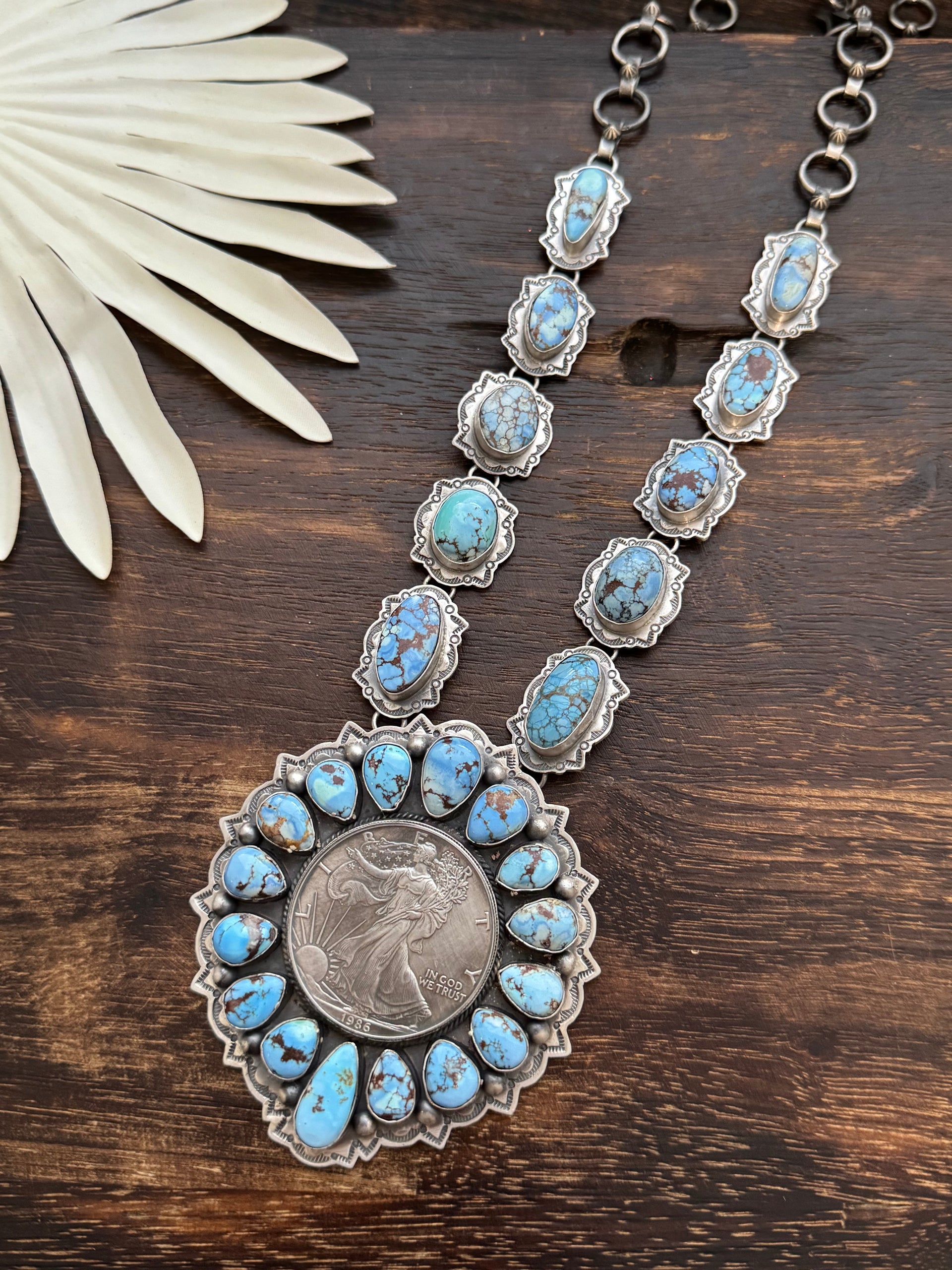 Navajo Made Golden Hills Turquoise & Sterling Silver Liberty Coin Necklace