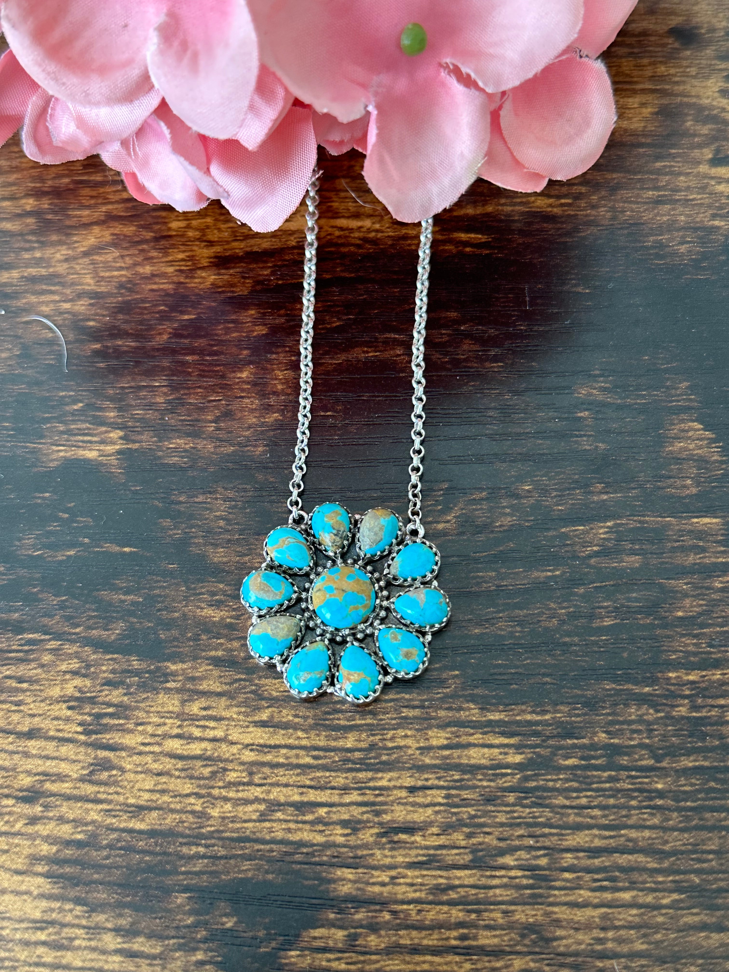 Southwest Handmade Kingman Turquoise & Sterling Silver Cluster Necklace