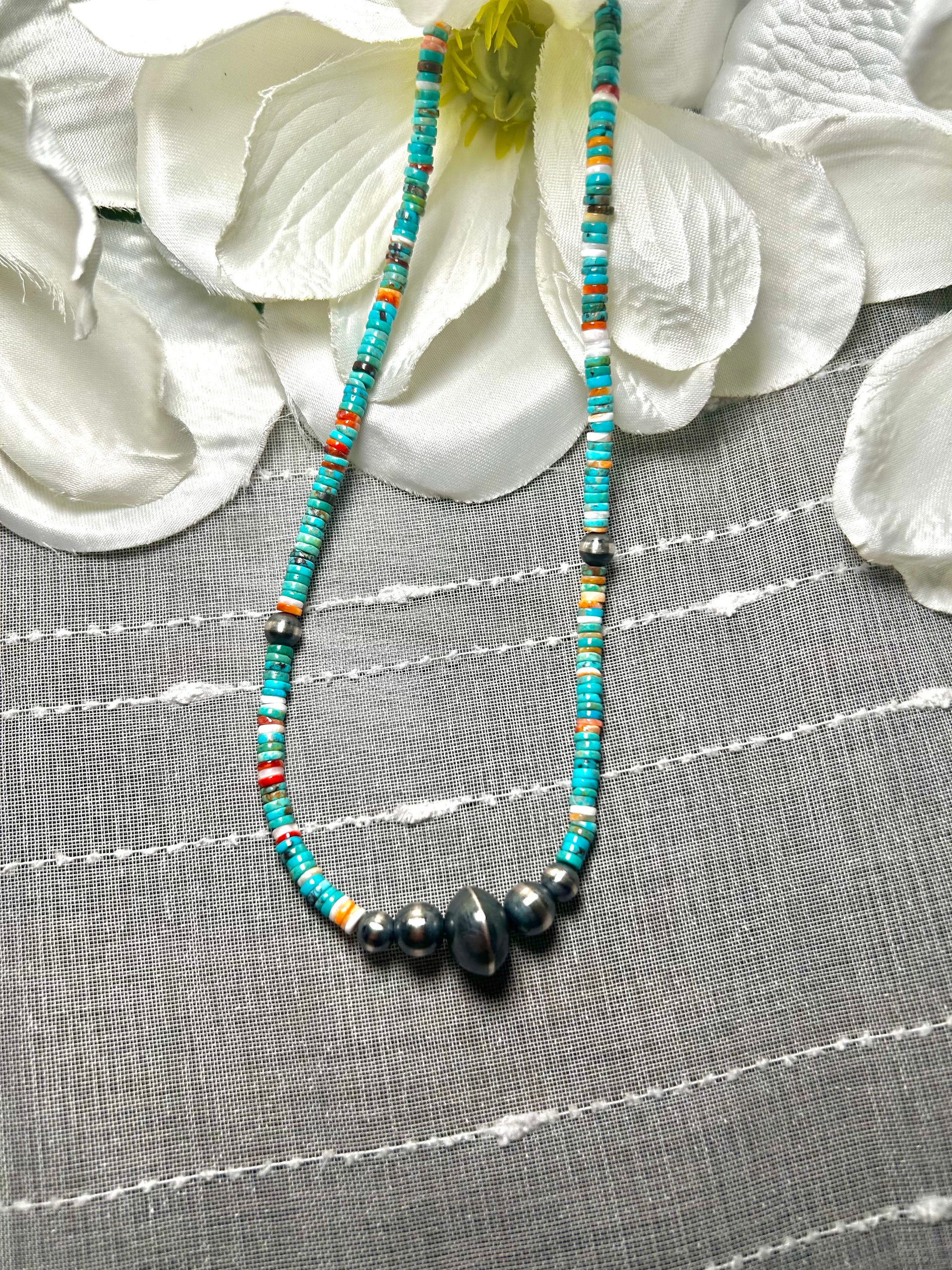 Navajo Made Strung Multi Stone & Sterling Silver Necklace