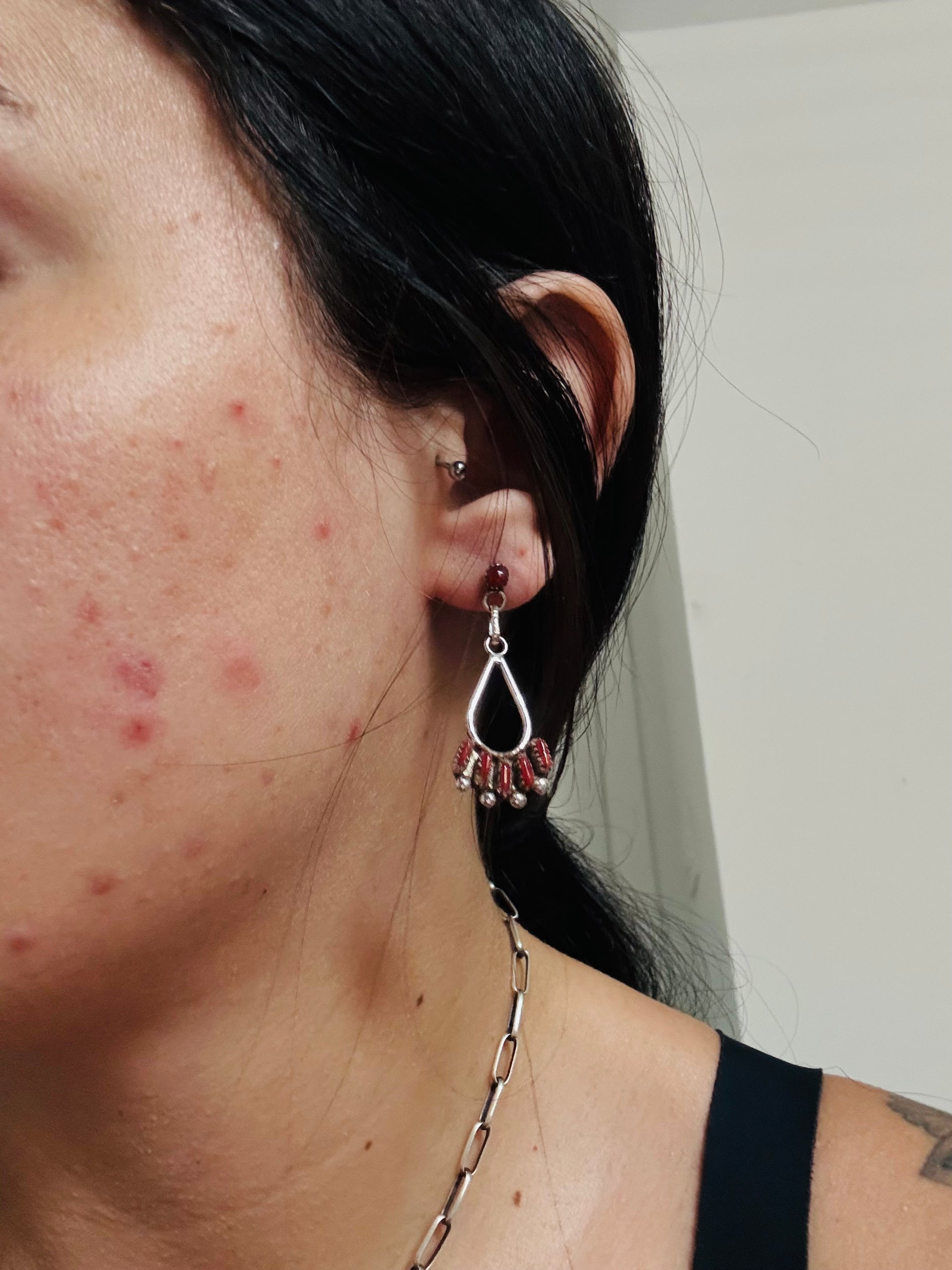 Zuni Made Red Coral & Sterling Silver Post Dangle Earrings