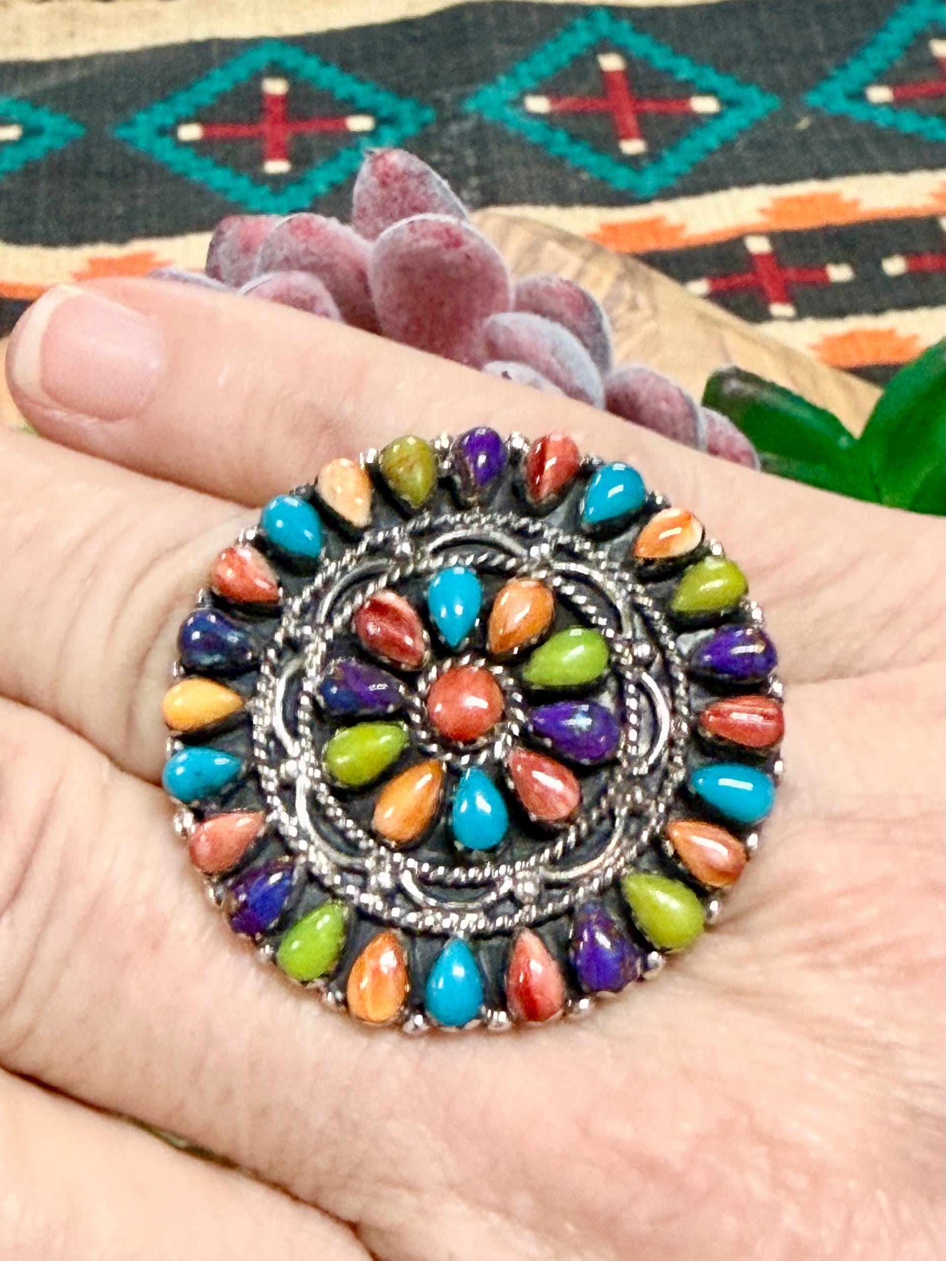 Southwest Handmade Multi Stone & Sterling Silver Ring Size 9